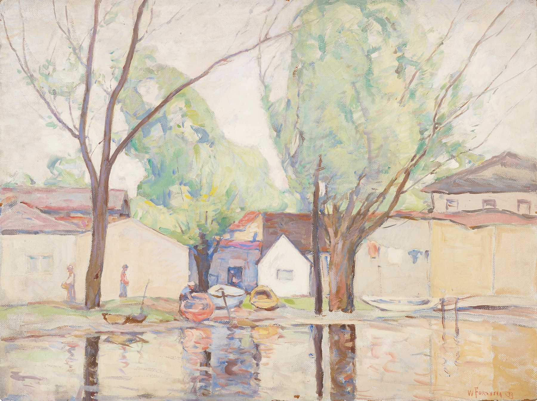 Waterside by William J. Forsyth, oil on canvas depicting a tranquil landscape with water and sunset.