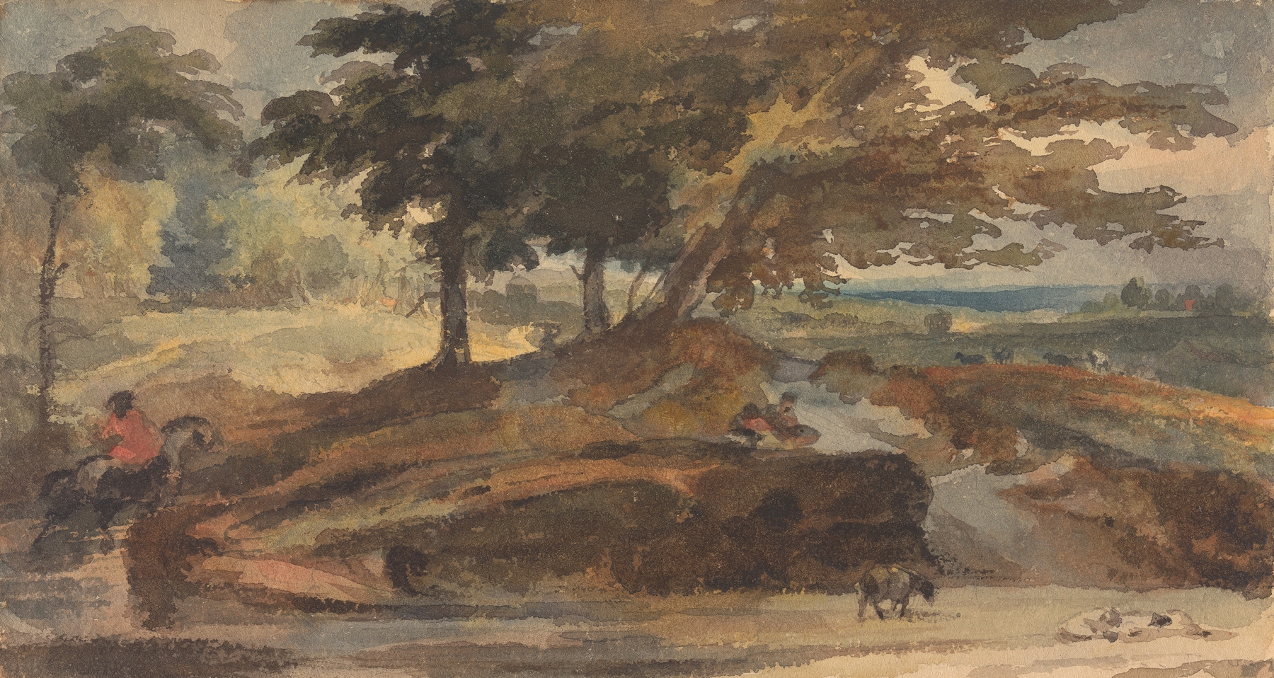 Landscape with Knoll with Trees, Figure on Horseback, by Thomas Sully, public domain