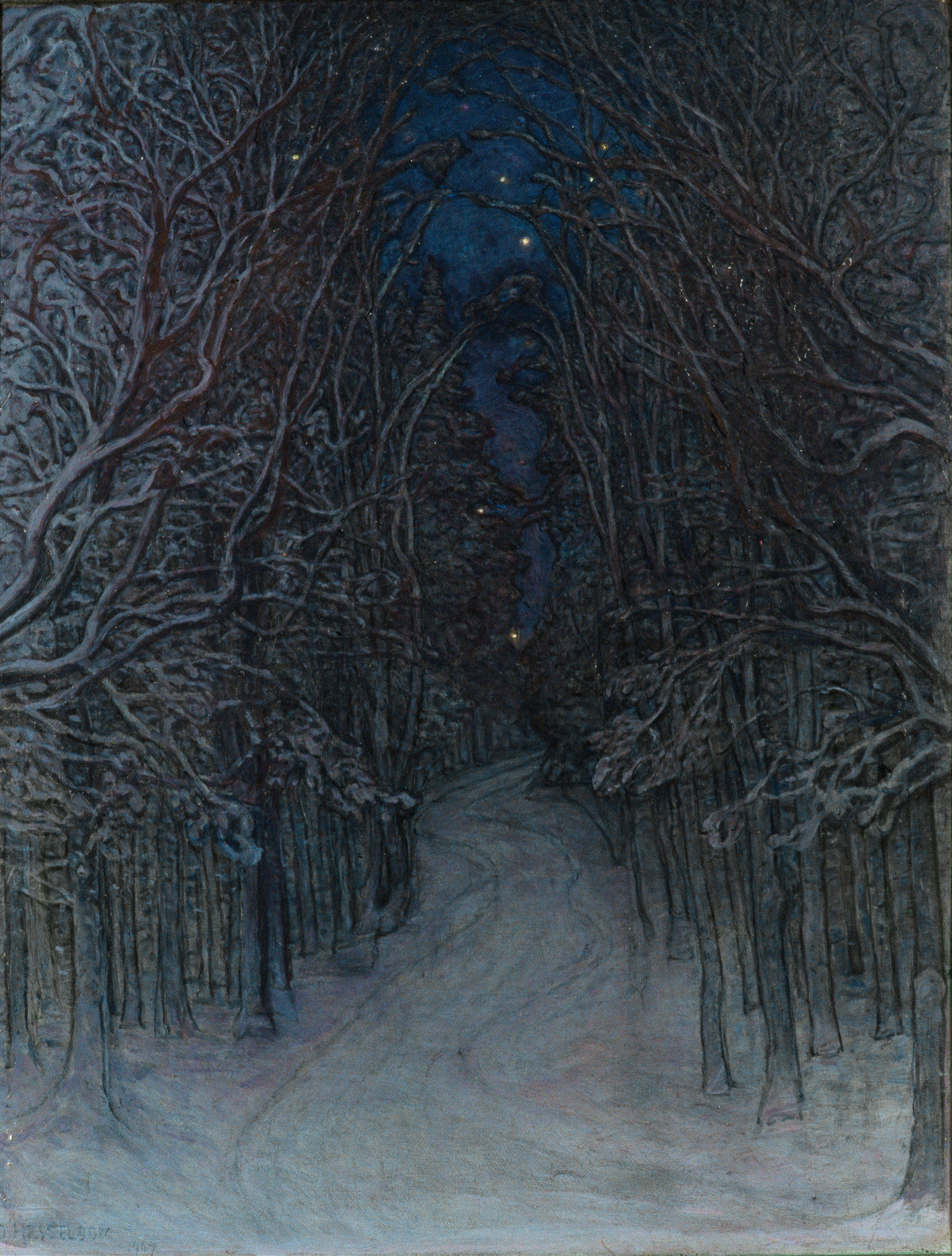 Winter night landscape with snow-covered pines, oil painting by Otto Hesselbom