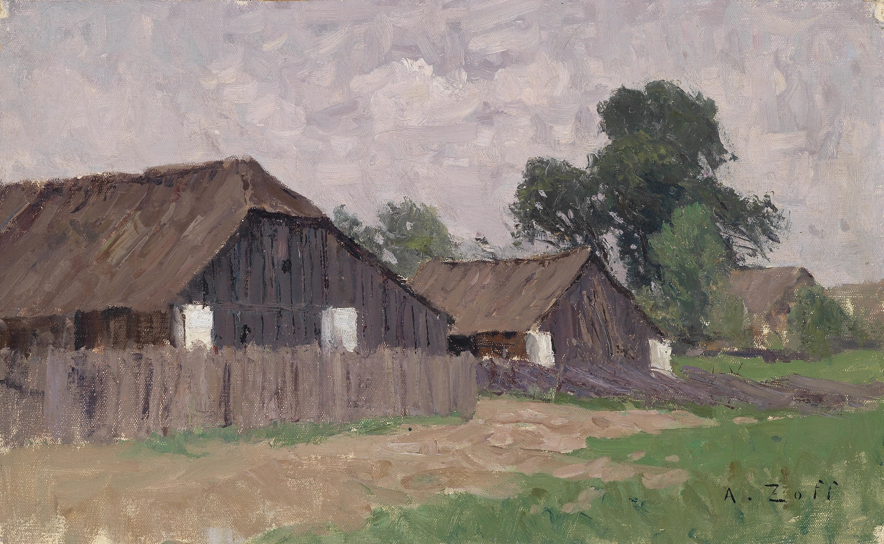 Bauernhäuser bei Klagenfurt by Alfred Zoff, oil on canvas depicting rustic houses in a green landscape