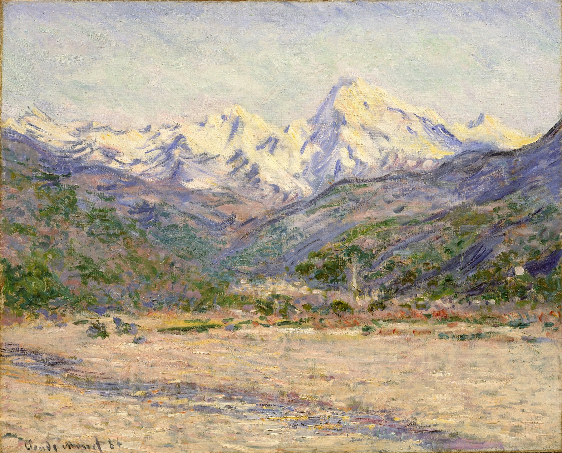 Lush valley landscape with hills and sky, oil on canvas by Claude Monet