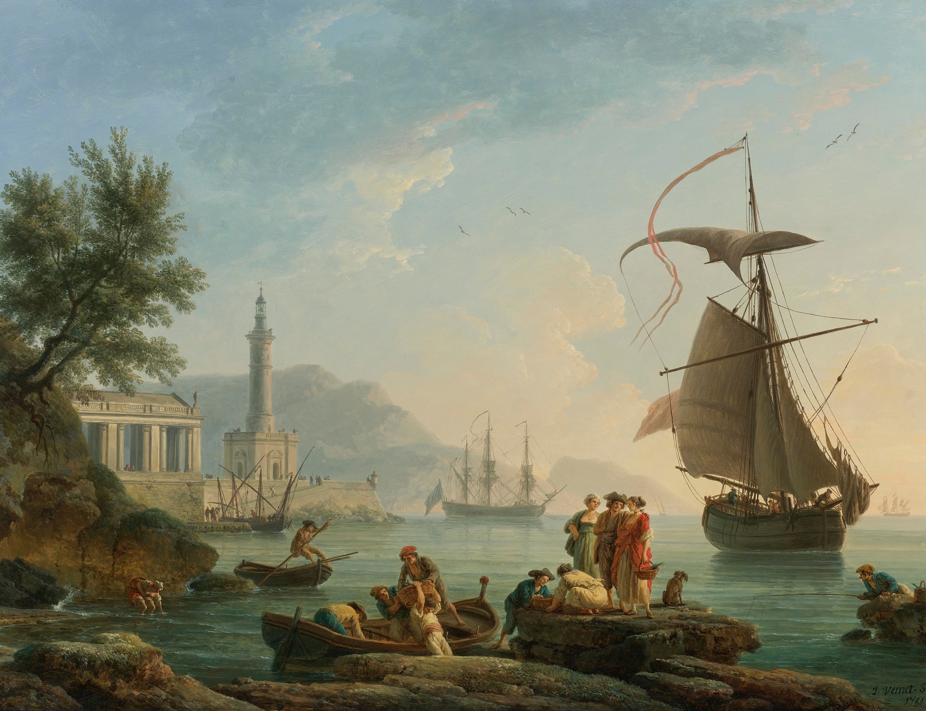 A Mediterranean Harbor At Sunset With Fisherfolk At The Water’s Edge, A Lighthouse And A Man Of War At Anchor In The Bay, by Claude-Joseph Vernet, public domain