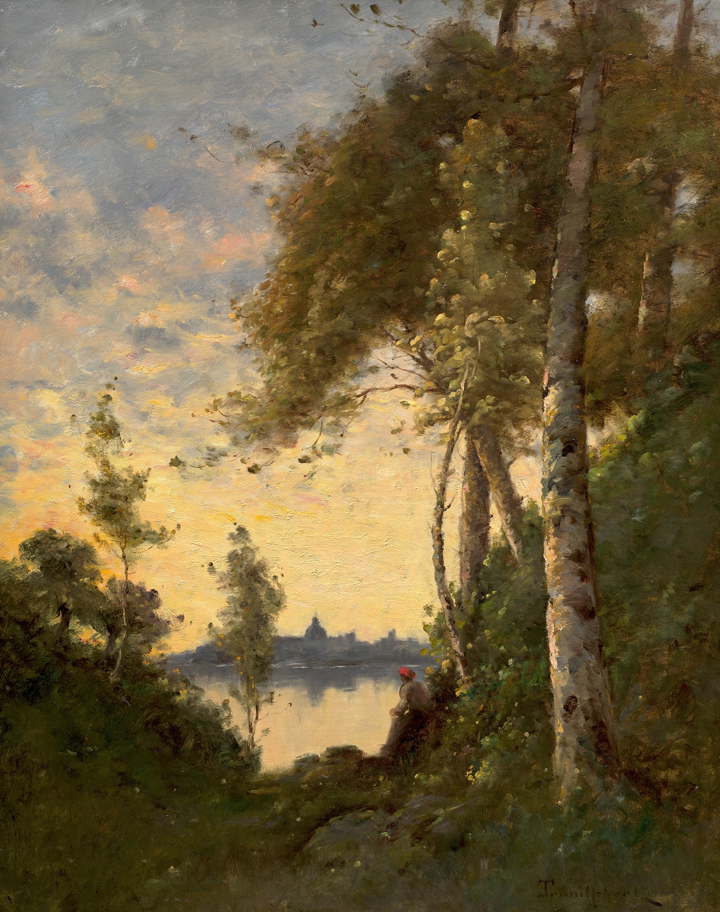 Femme au bord de l’eau, oil painting by Paul Désiré Trouillebert, featuring a woman by the water.