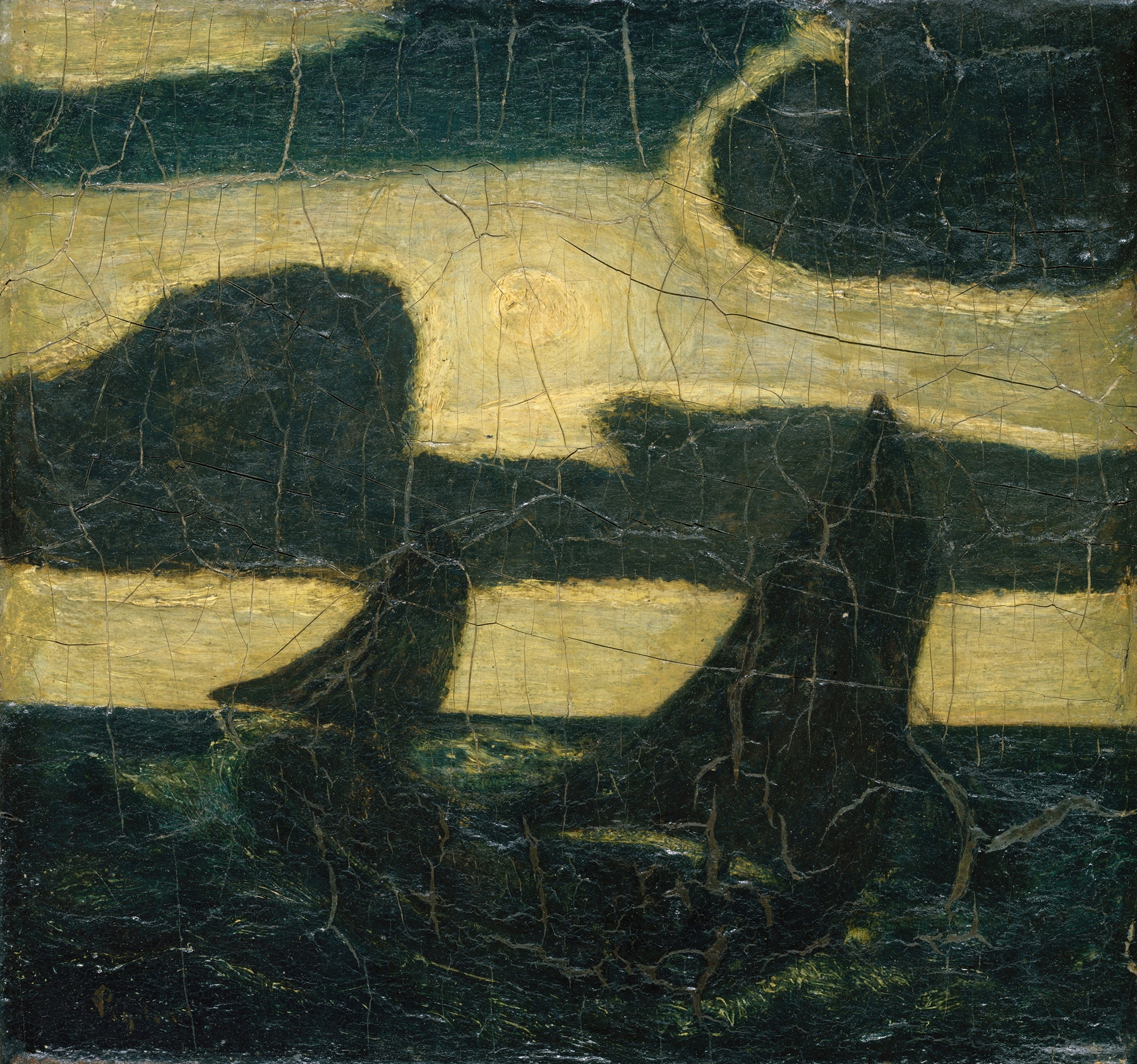 Moonlight Marine by Albert Pinkham Ryder, oil painting depicting a ship gliding on a reflective sea.
