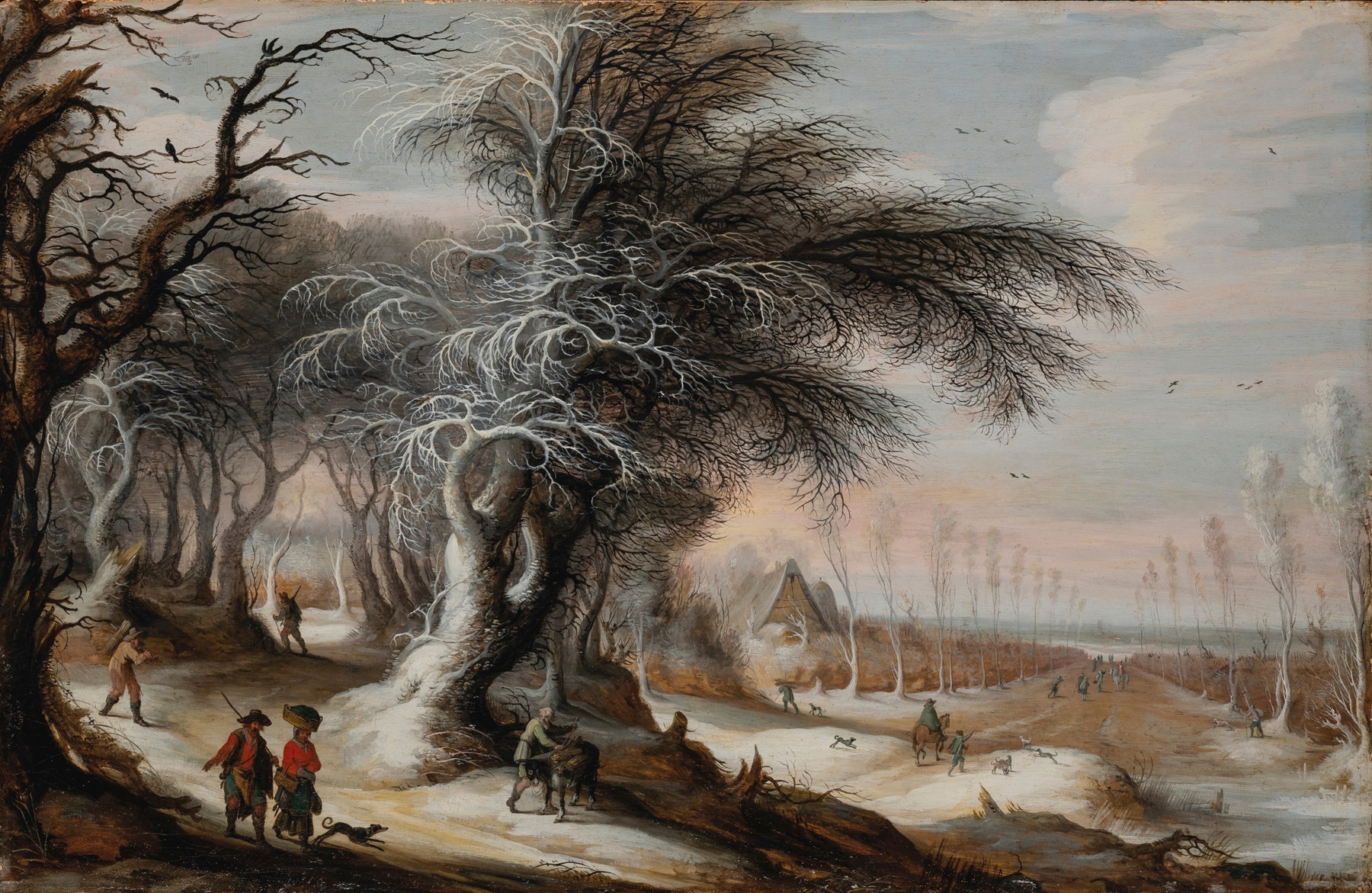 A winter landscape with villagers on a path, oil painting by Gijsbrecht Leytens