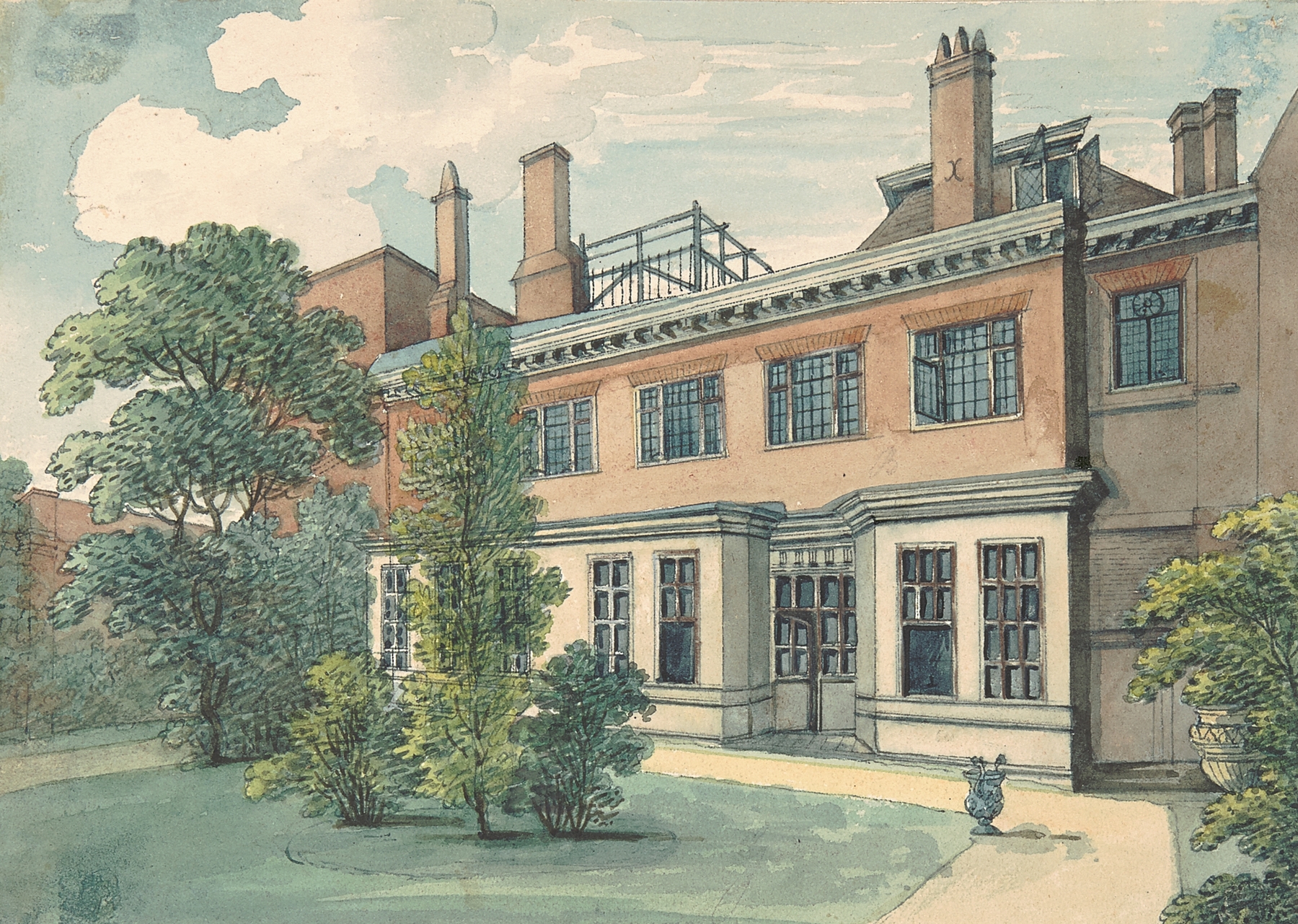 Garden Front of Weaver’s Hall by Samuel Ireland, oil on canvas depicting a tranquil garden.