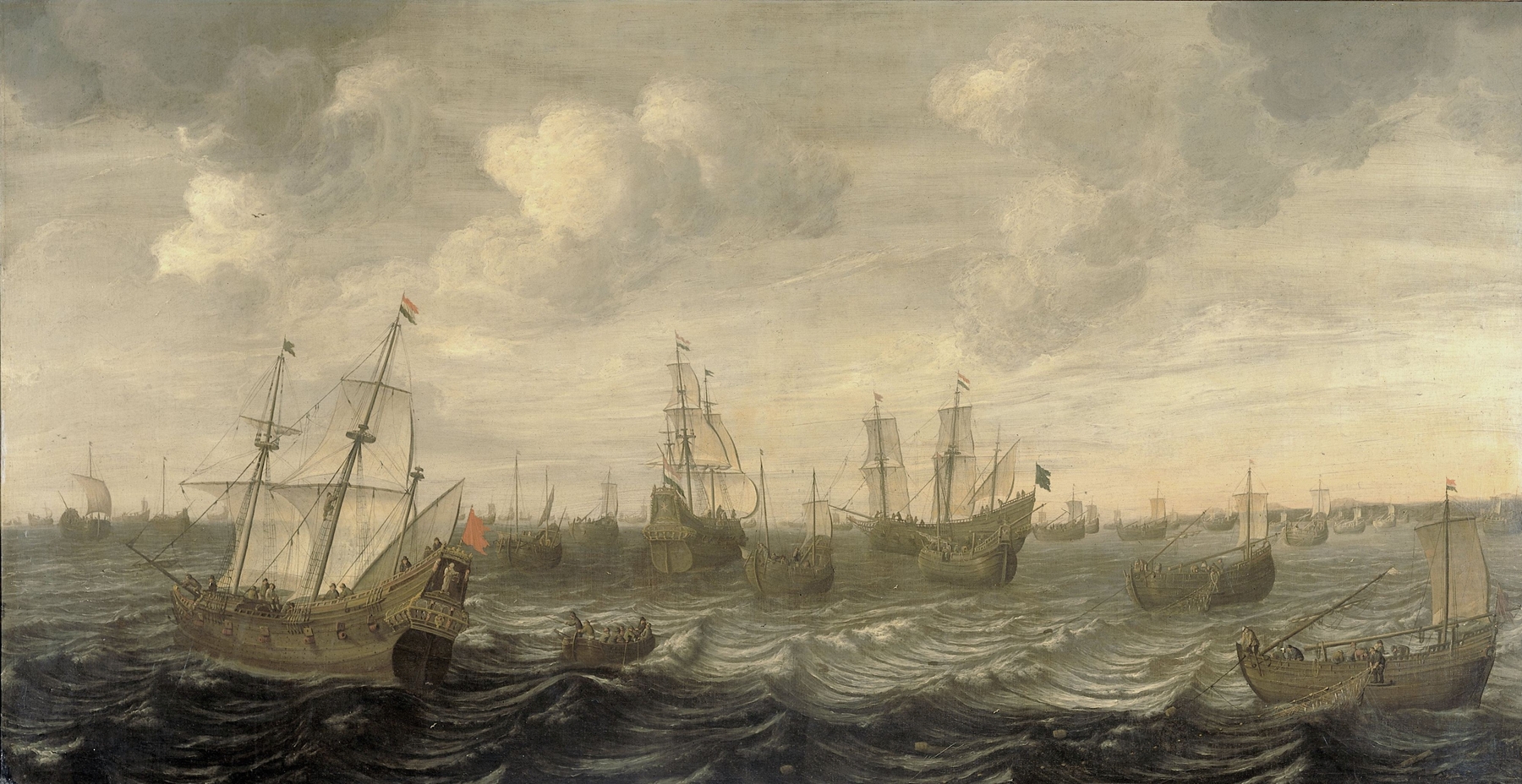 Marine scene depicting The Dutch Herring Fleet under Sail by Cornelis Beelt, oil painting.