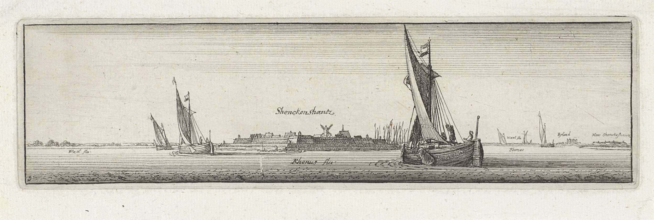 Etching by Wenceslaus Hollar depicting the Rhine landscape with distant structures.