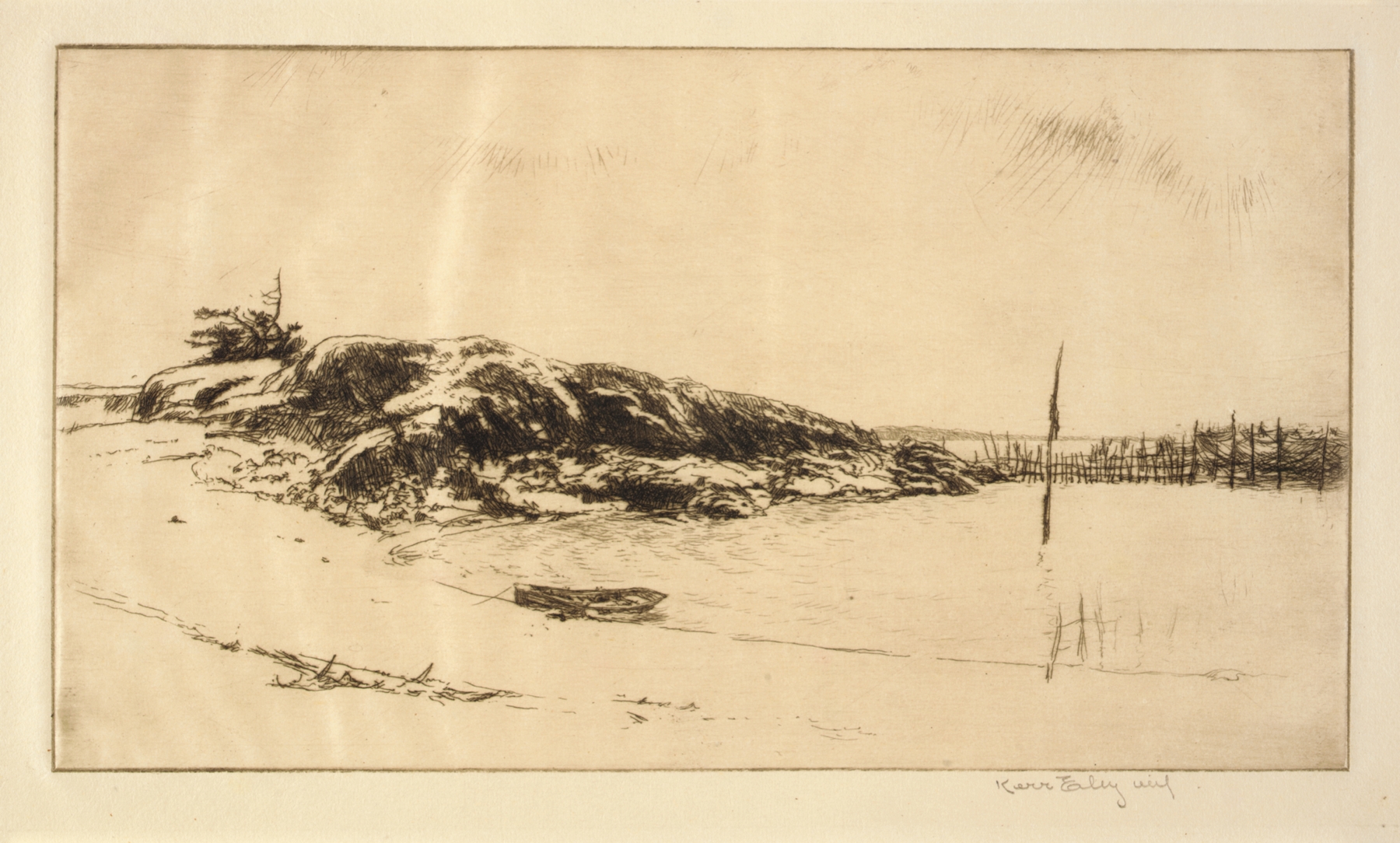 The Fish Weir, Maine Coast by Kerr Eby, depicting a marine landscape with a fish weir