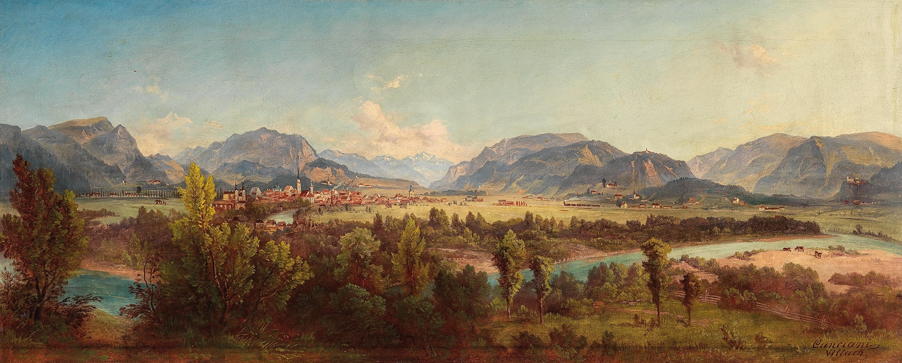 Lake Ossiach landscape by Jakob Canciani, oil painting with serene dawn hues.