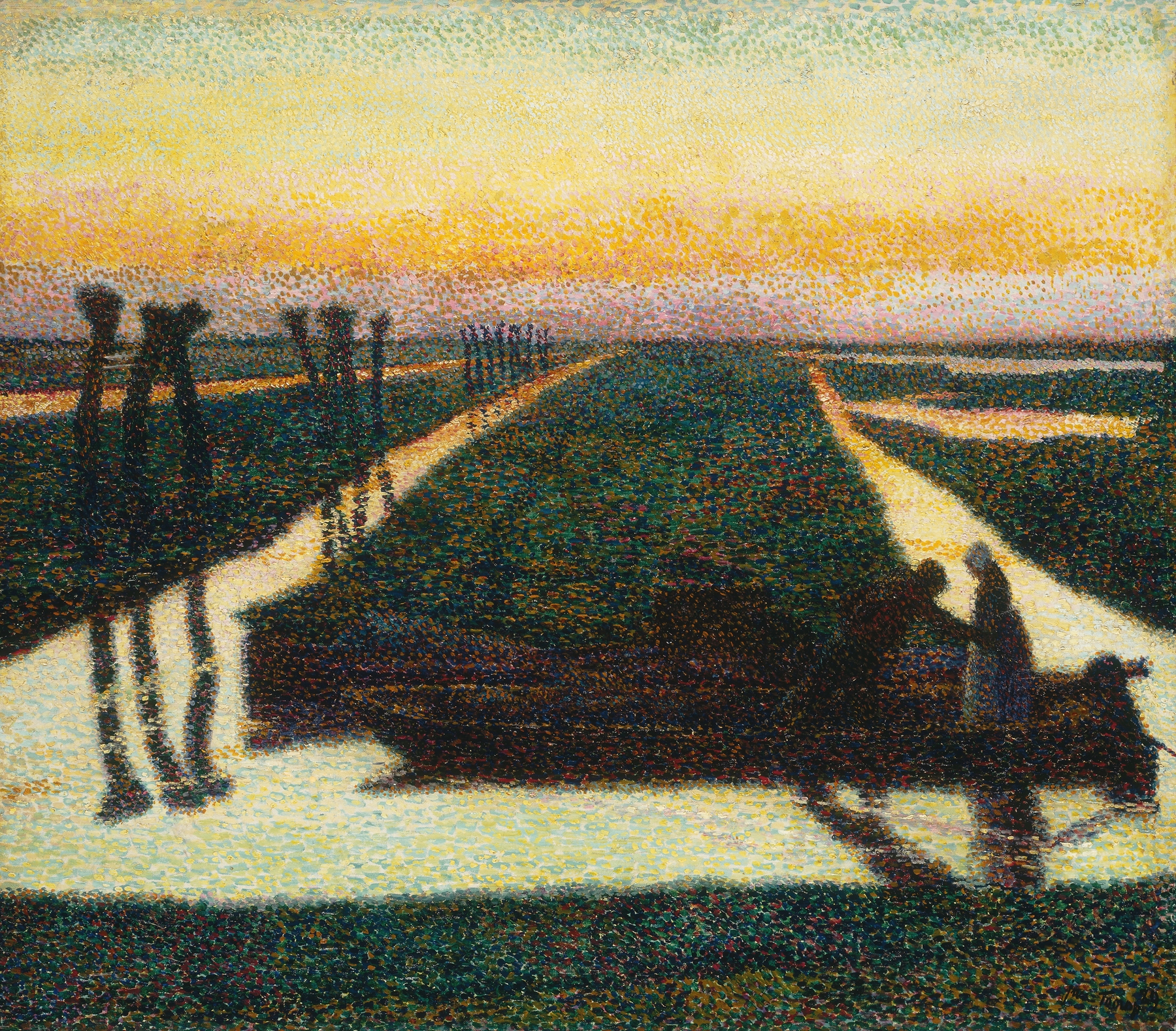 Broek in Waterland by Jan Toorop, oil painting depicting figures by water and a vibrant sky.