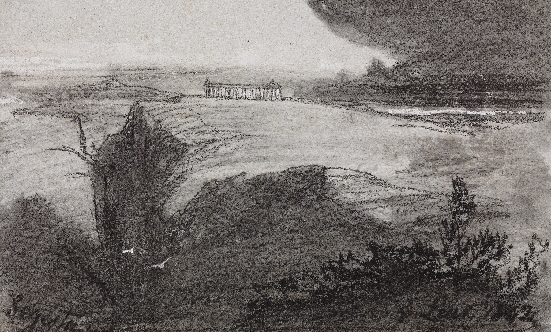 Watercolour by Edward Lear depicting ancient ruins and a temple in golden light