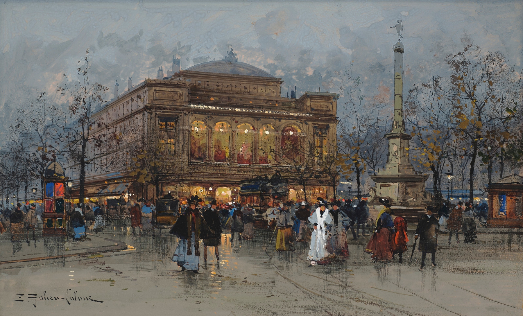 Oil on canvas by Eugène Galien-Laloue depicting the Théâtre du Châtelet in Paris.