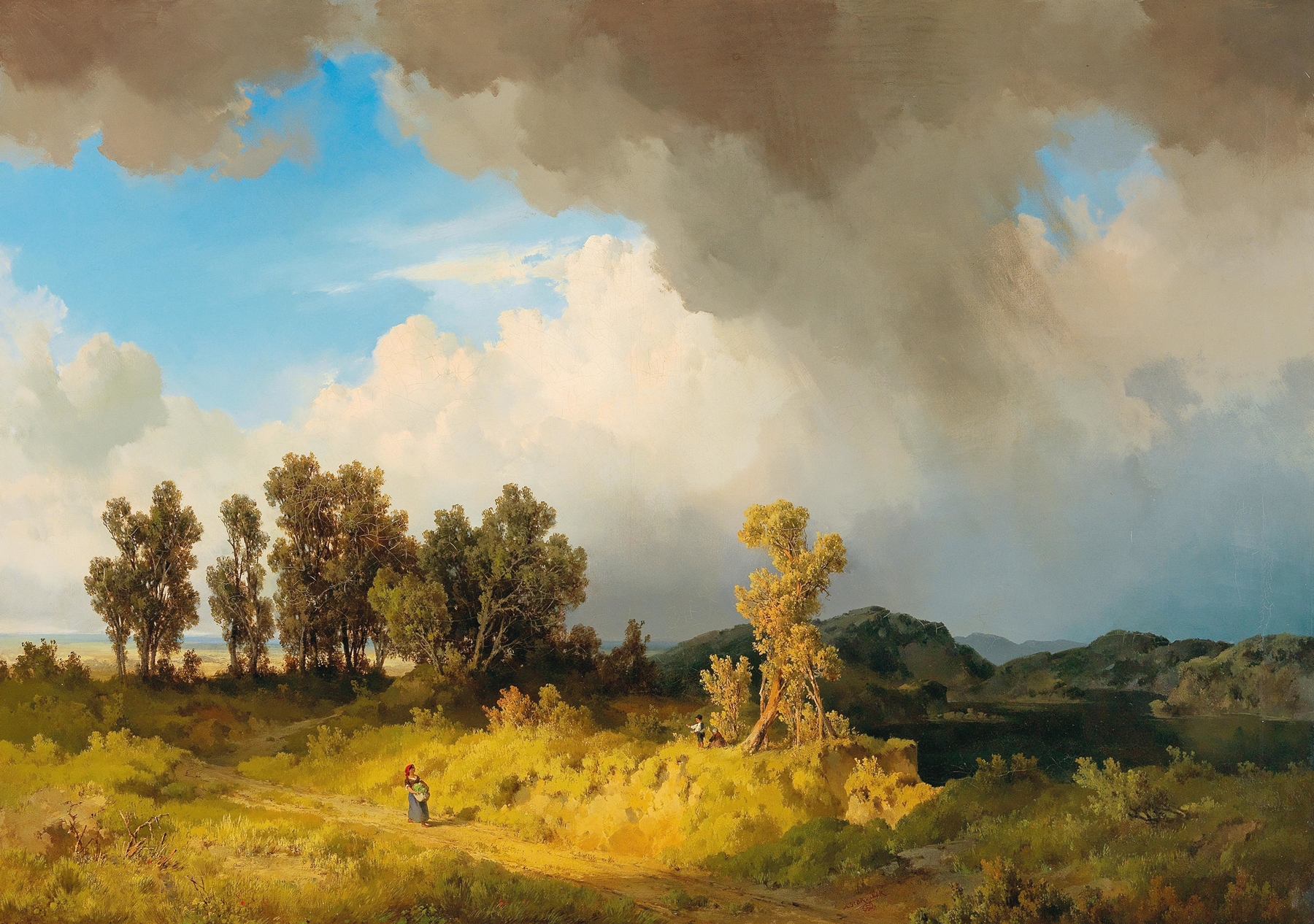 Gathering Storm by Joseph Brunner, oil on canvas depicting a turbulent landscape with swirling clouds.