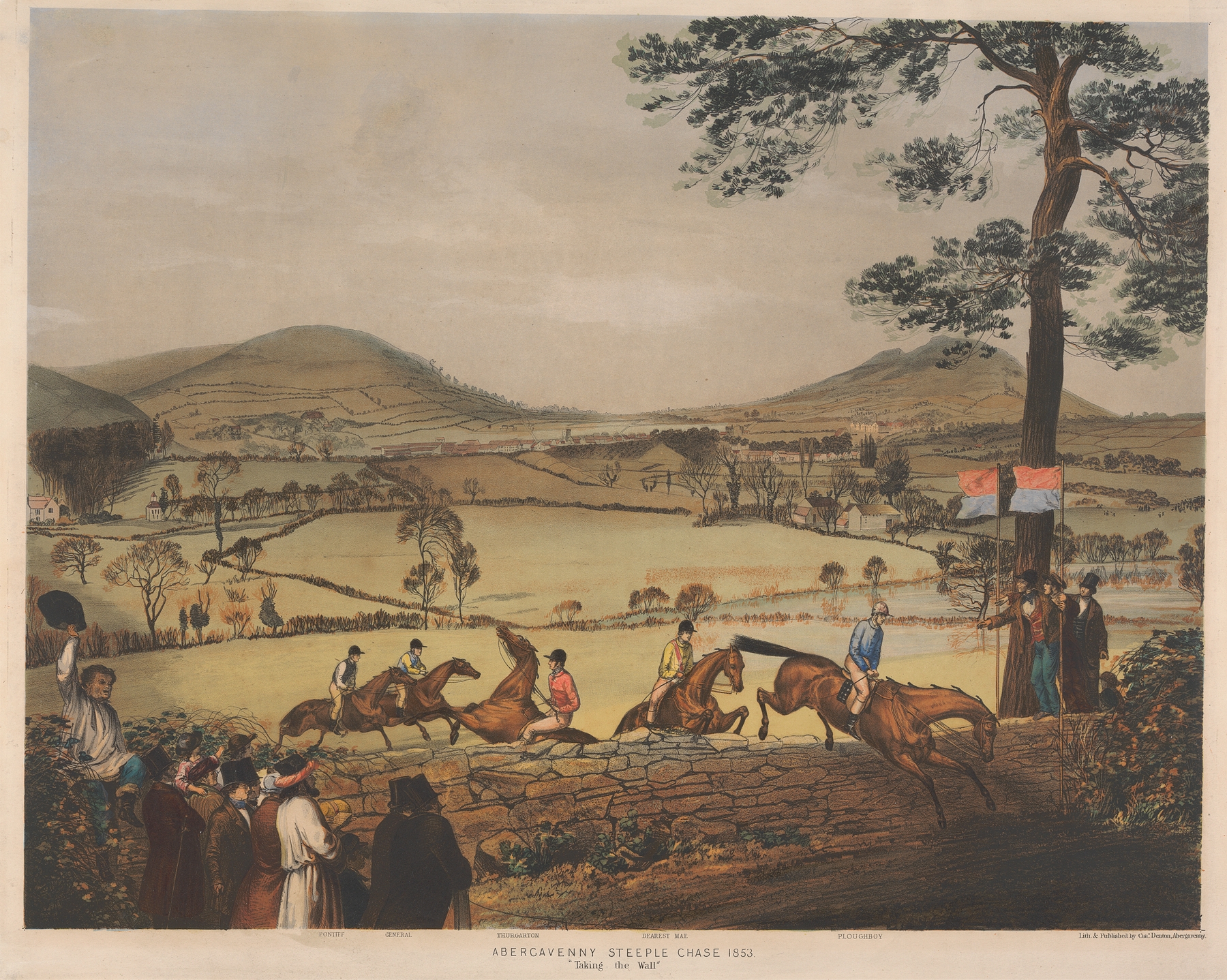 Abergavenny Steeple Chase: ‘Taking the Wall’ by Charles Denton, oil on canvas showing a horse race.