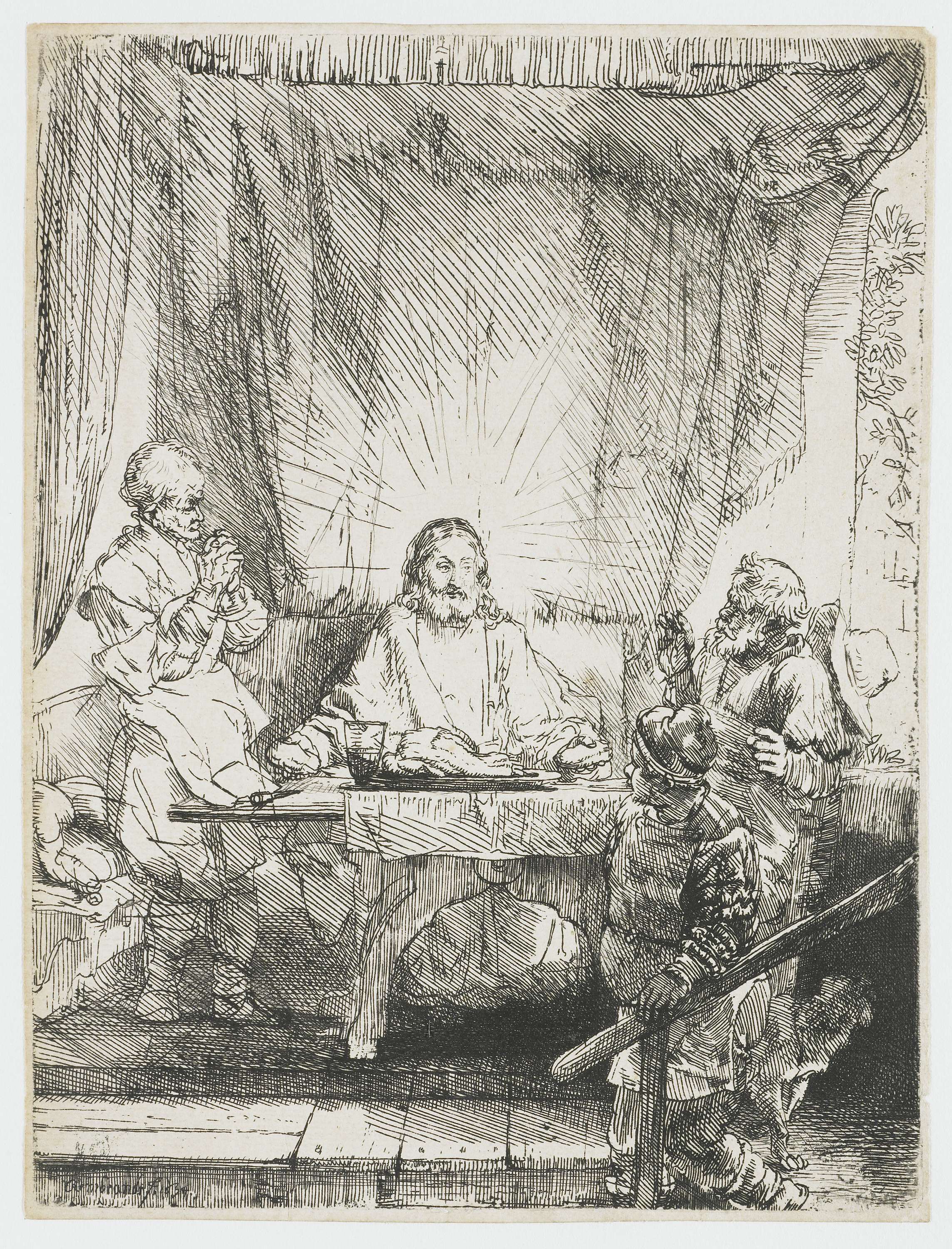 Etching by Rembrandt van Rijn depicting Christ with disciples at a table.