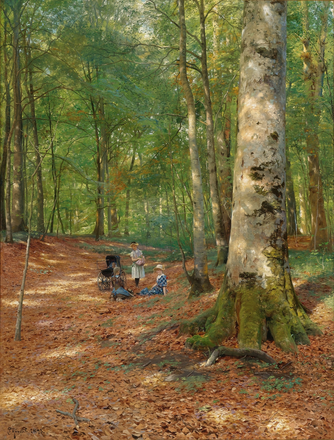 The Woodland Glade, oil on canvas by Peder Mørk Mønsted, depicting a serene forest glade with dappled sunlight.