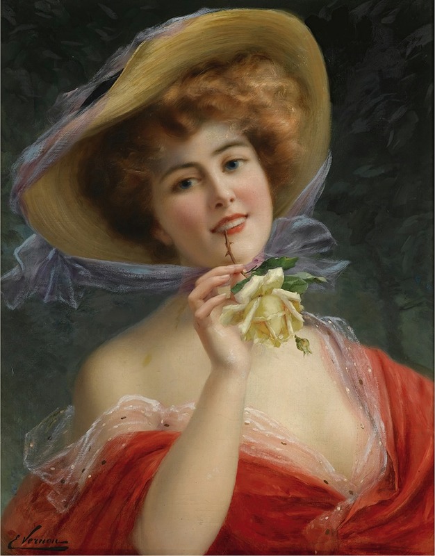A portrait of a young woman holding a yellow rose, showcasing the elegance of Art Nouveau style.