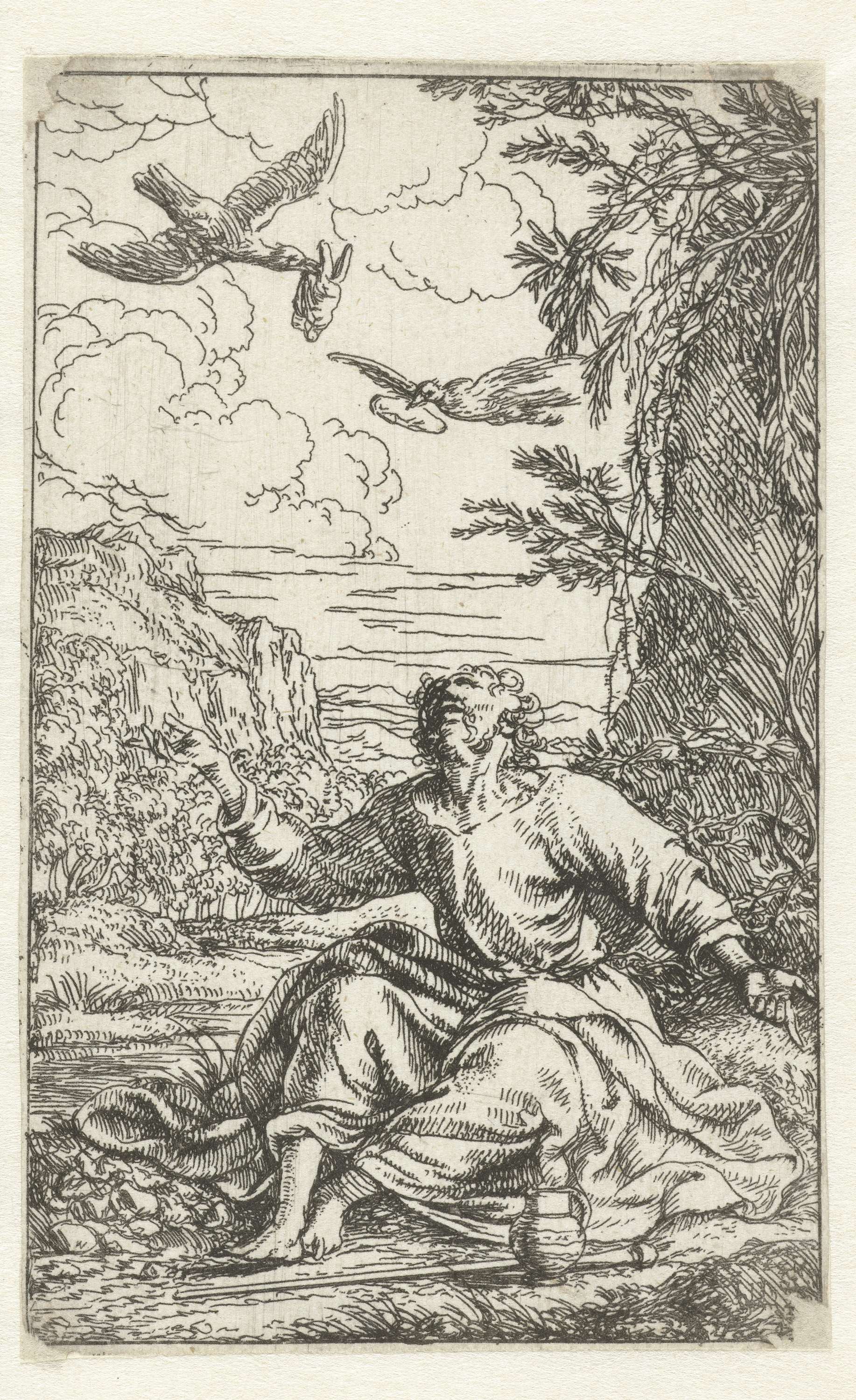 Elia wordt in de woestijn door raven gevoed, etching by Jonas Umbach, depicting a figure in a desert with ravens.