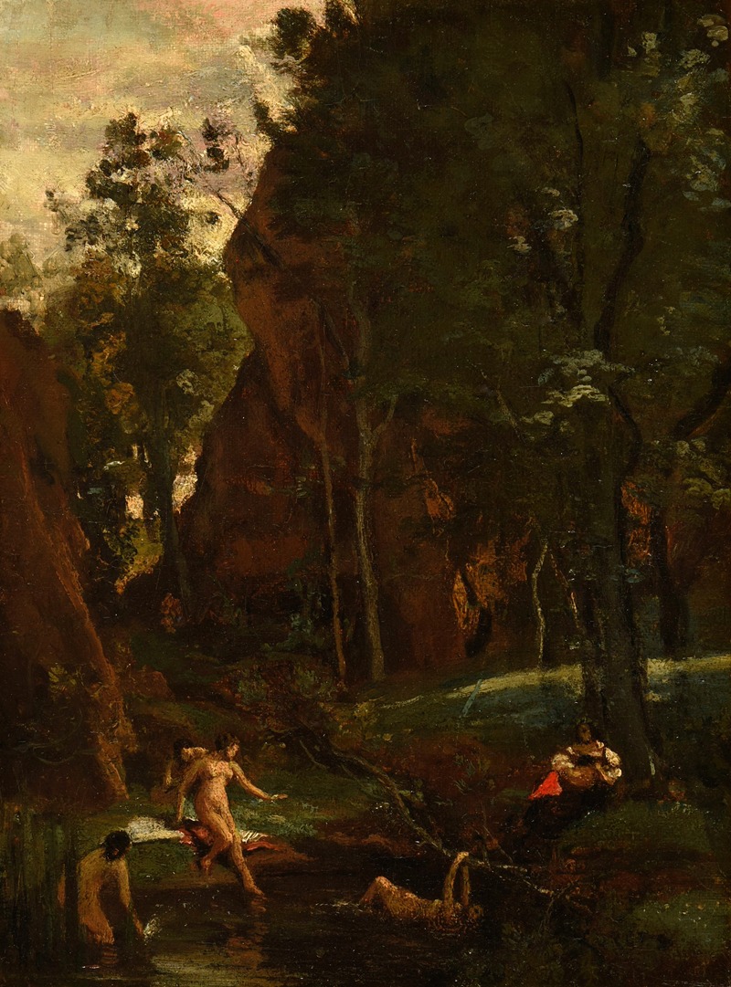 A serene depiction of a woman bathing in a natural setting.