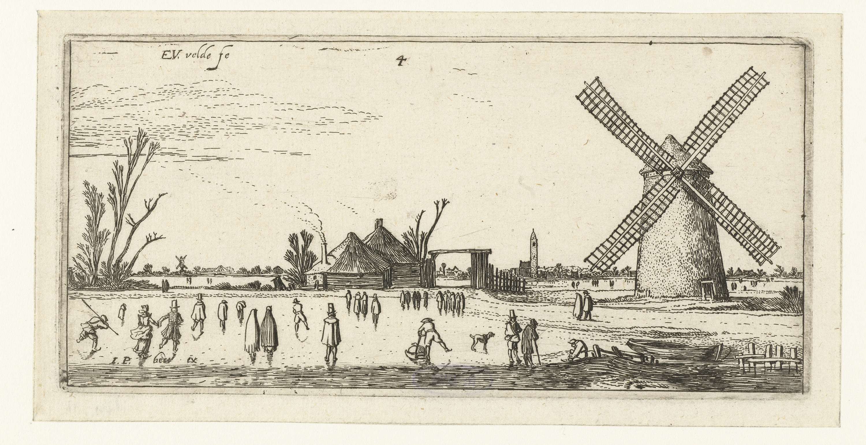 Schaatsers op het ijs bij een molen in de buurt van Penningsveer, etching by Esaias van de Velde