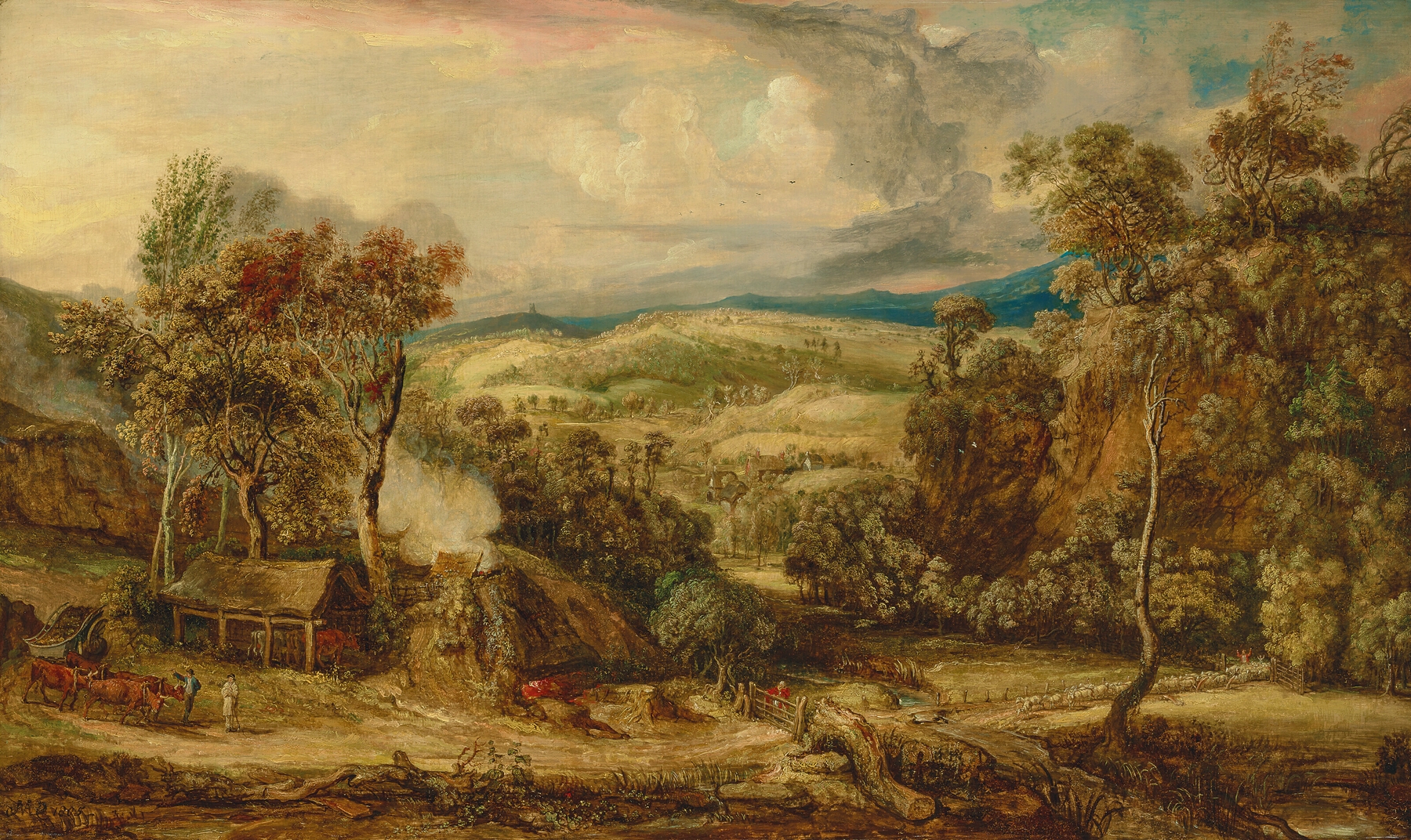 Oil painting by James Ward depicting an ox-cart near a lime kiln and Glastonbury Tor.