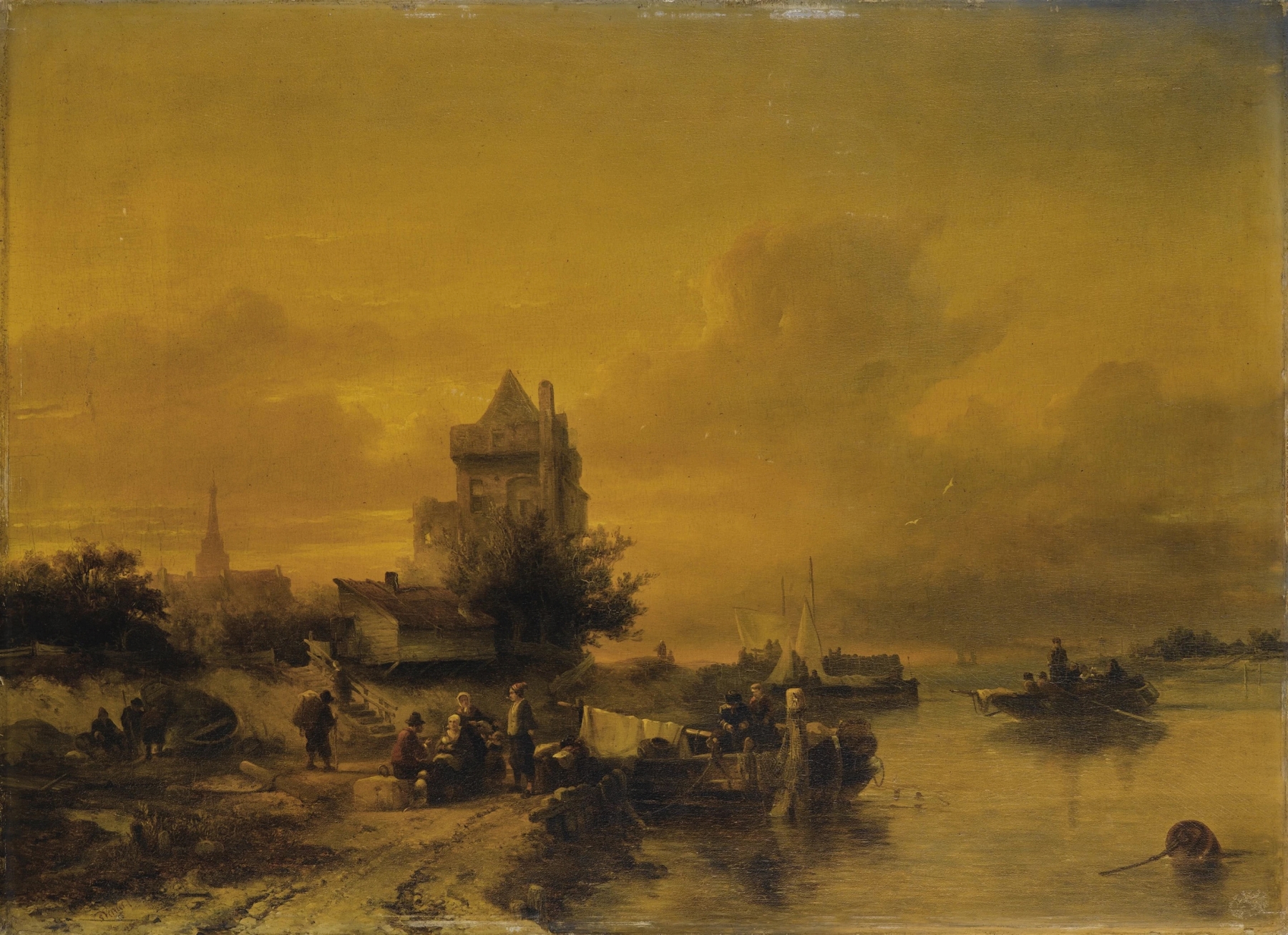 Genre scene with figures by a river, oil painting by Salomon Leonardus Verveer