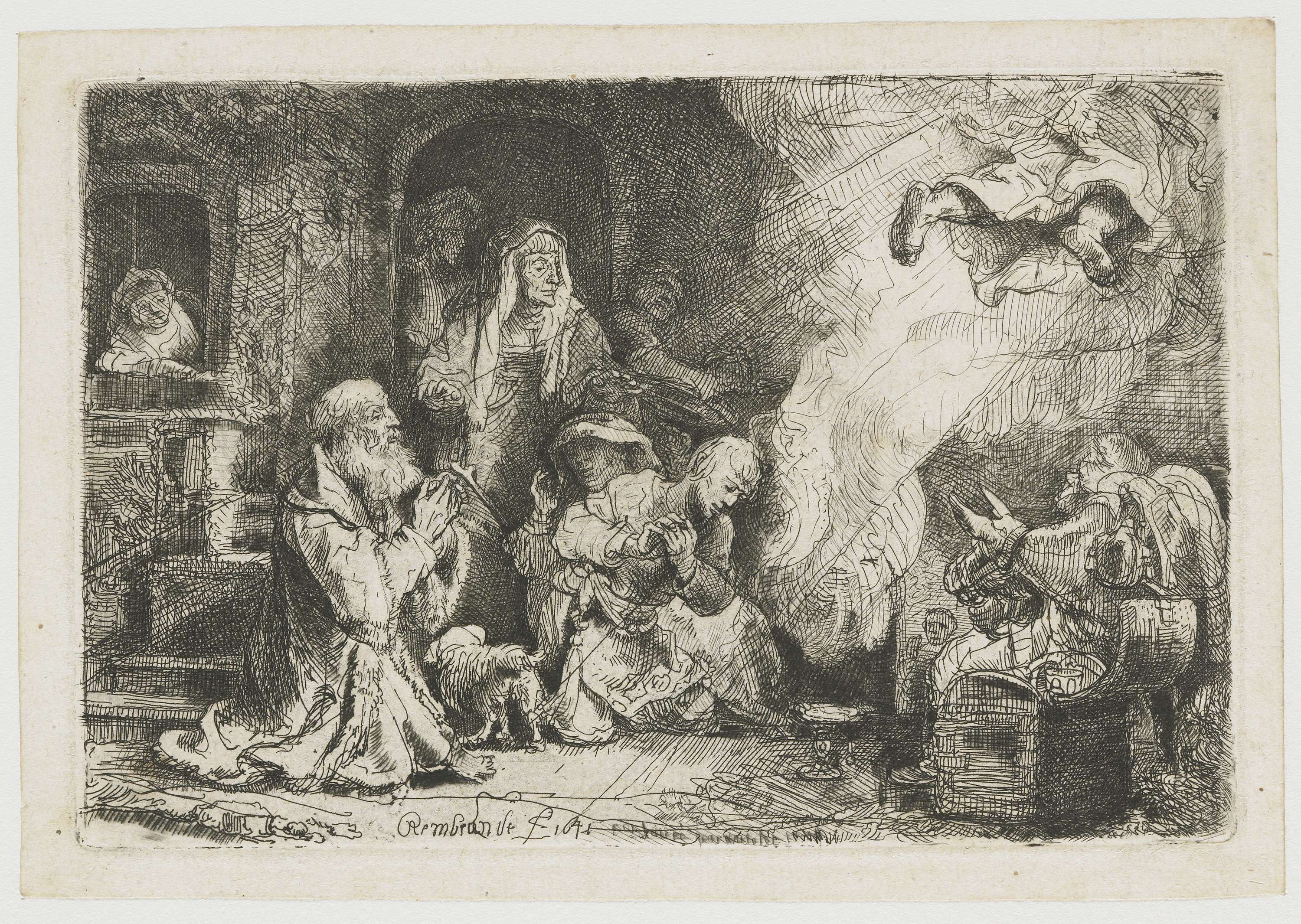 The Angel Departing from the Family of Tobias, etching by Rembrandt van Rijn