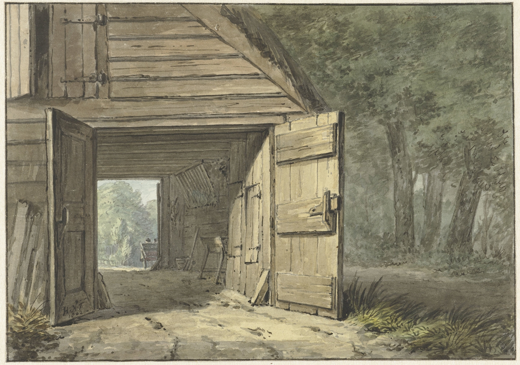 Interior scene with a solitary figure at a wooden counter, oil painting by Hermanus Numan