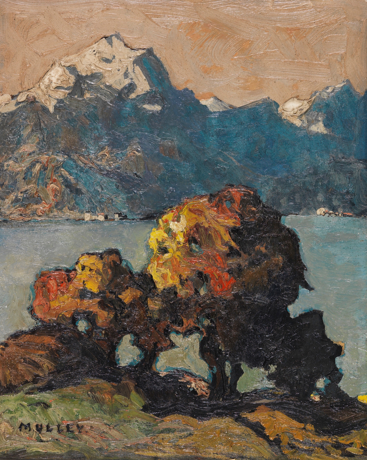 Autumn landscape oil painting by Oskar Mulley featuring Lake Garda.
