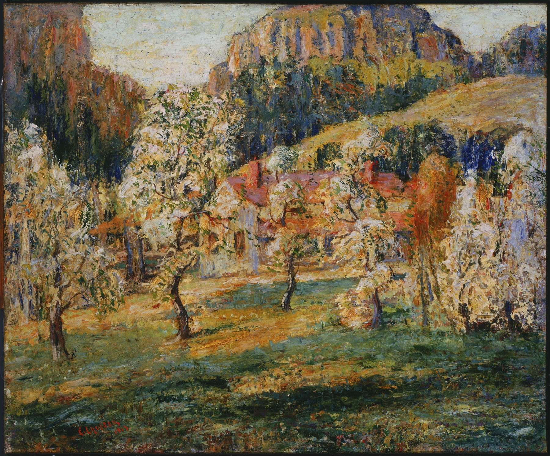 Post-Impressionism landscape by Ernest Lawson, showcasing rolling hills and mountains in vibrant colors.