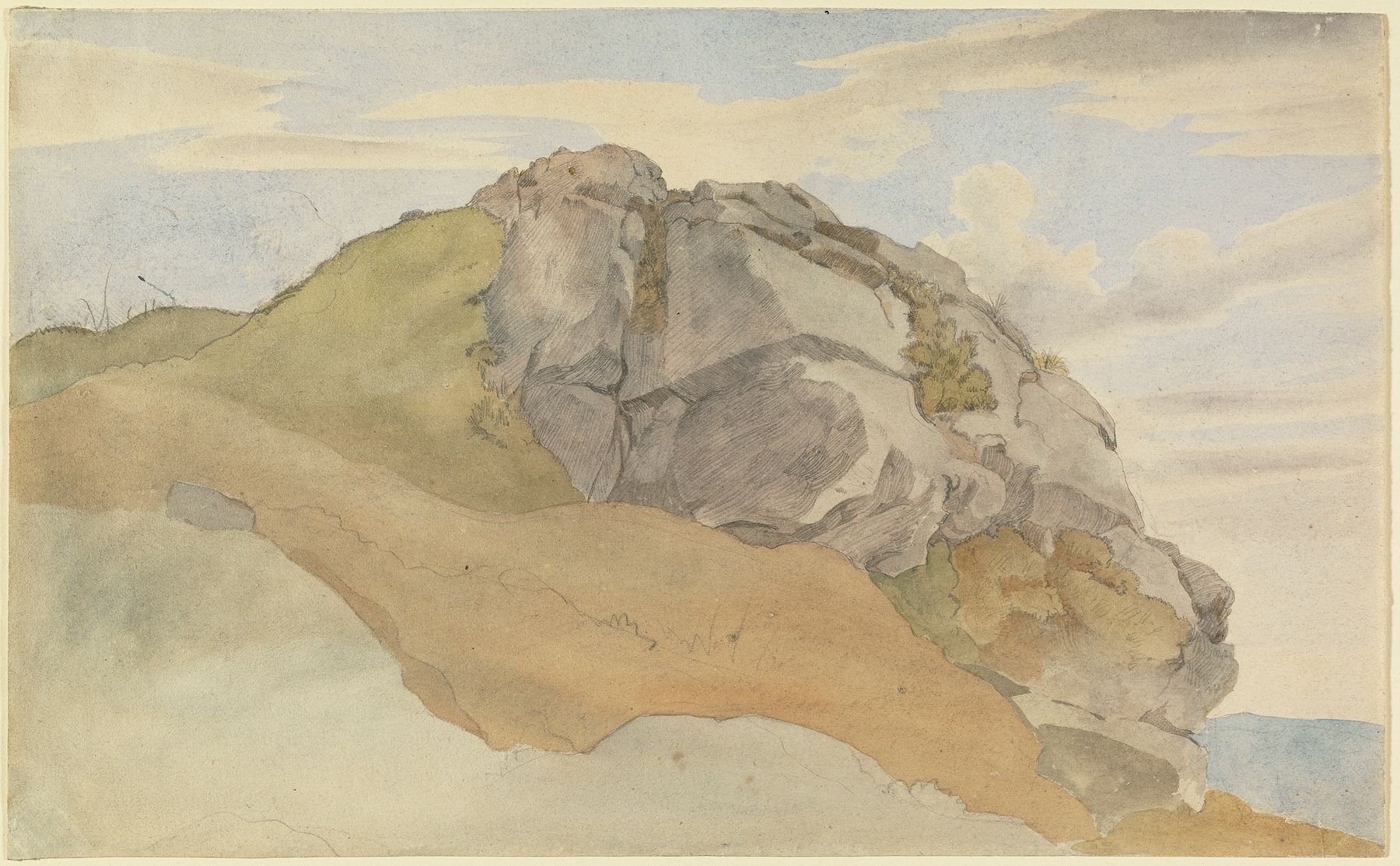 Rocky Outcropping by Ernst Ferdinand Oehme, oil painting of rugged cliffs under a stormy sky.