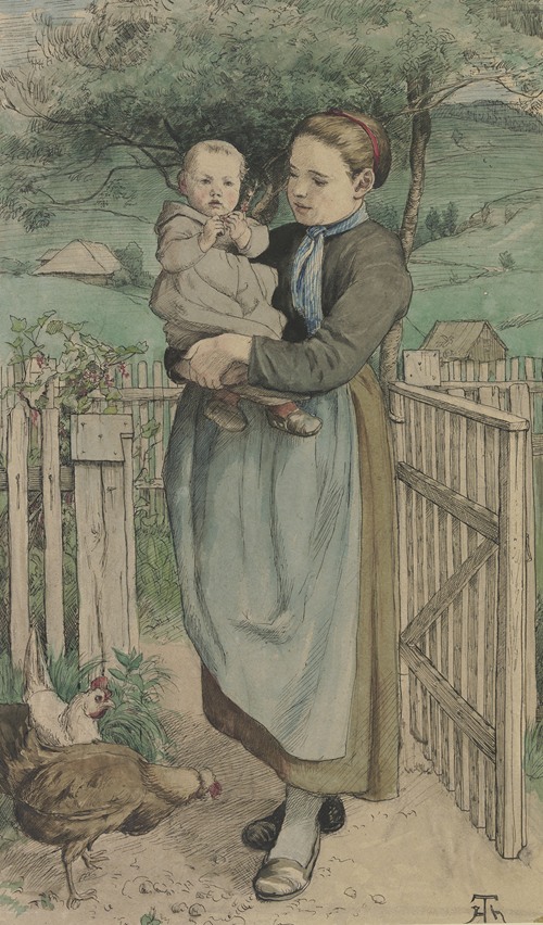 A young girl holding a child stands beside a wooden fence in a pastoral setting.