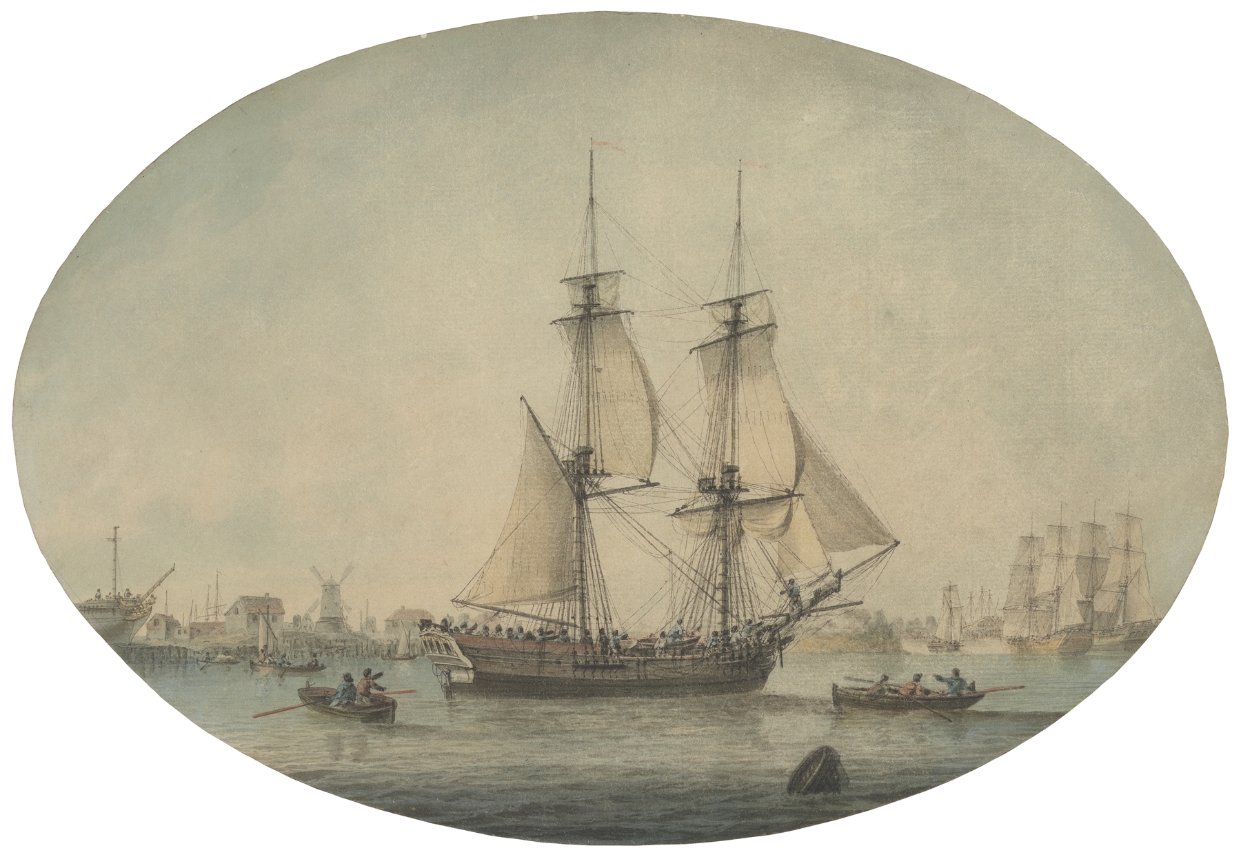 Marine scene with a trading brig on the Thames by Samuel Atkins, oil painting