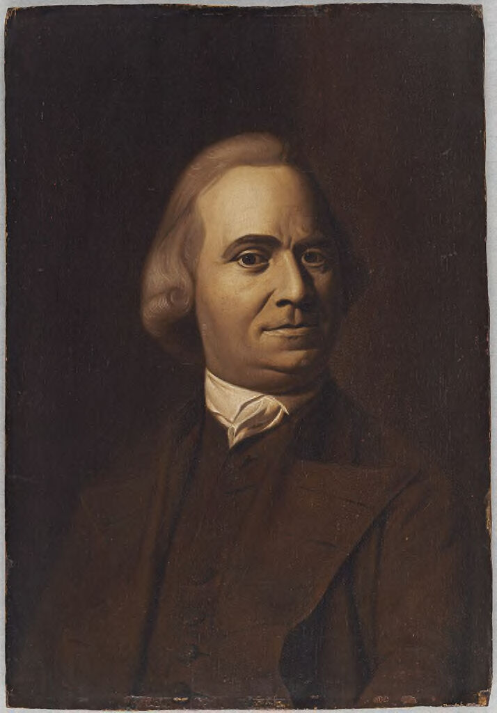 Portrait of Samuel Adams by Bass Otis, wood medium, illuminated by warm light.