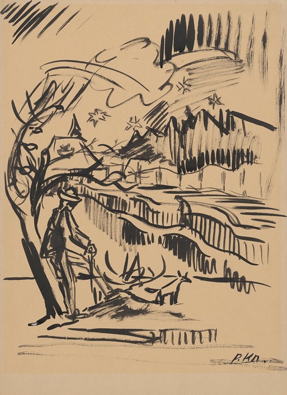 A resting herdsman in a tranquil rural setting.