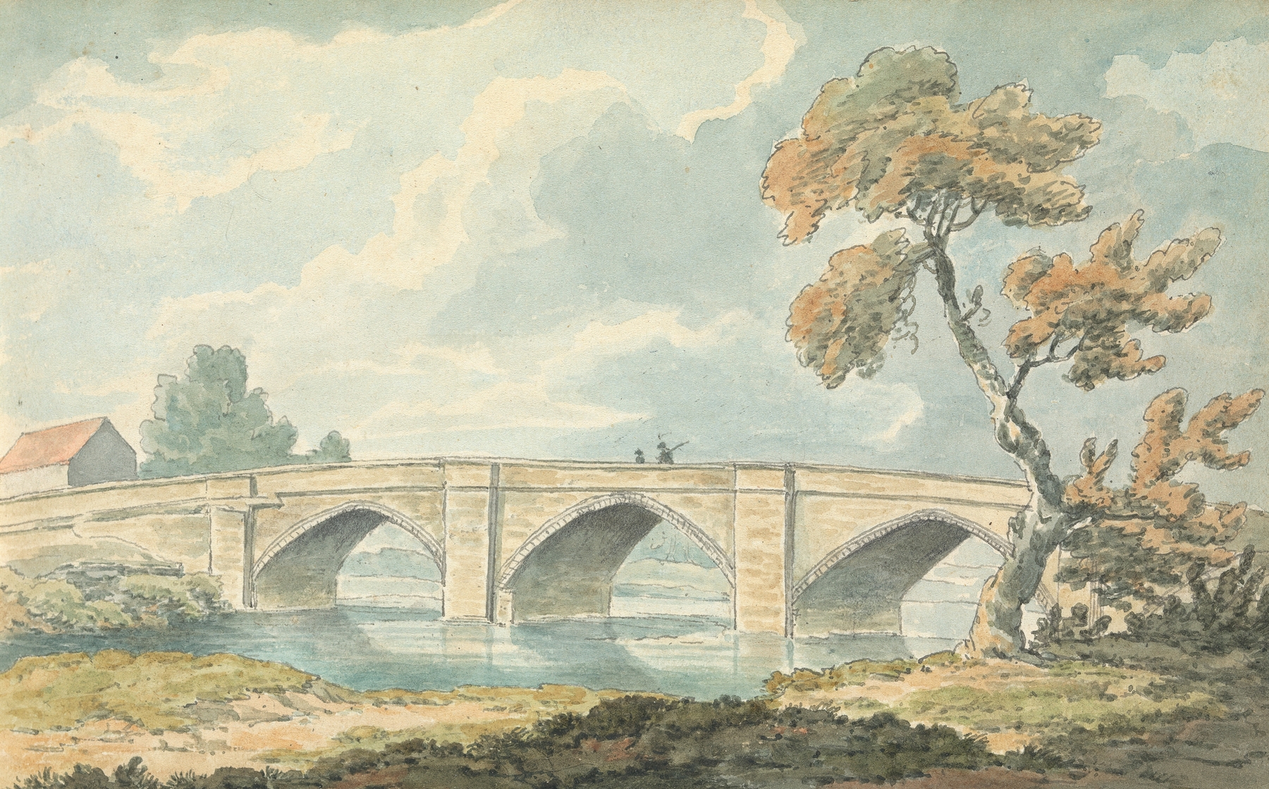 Catterick Bridge by Thomas Bradshaw, depicting a stone bridge over a river, medium unknown.
