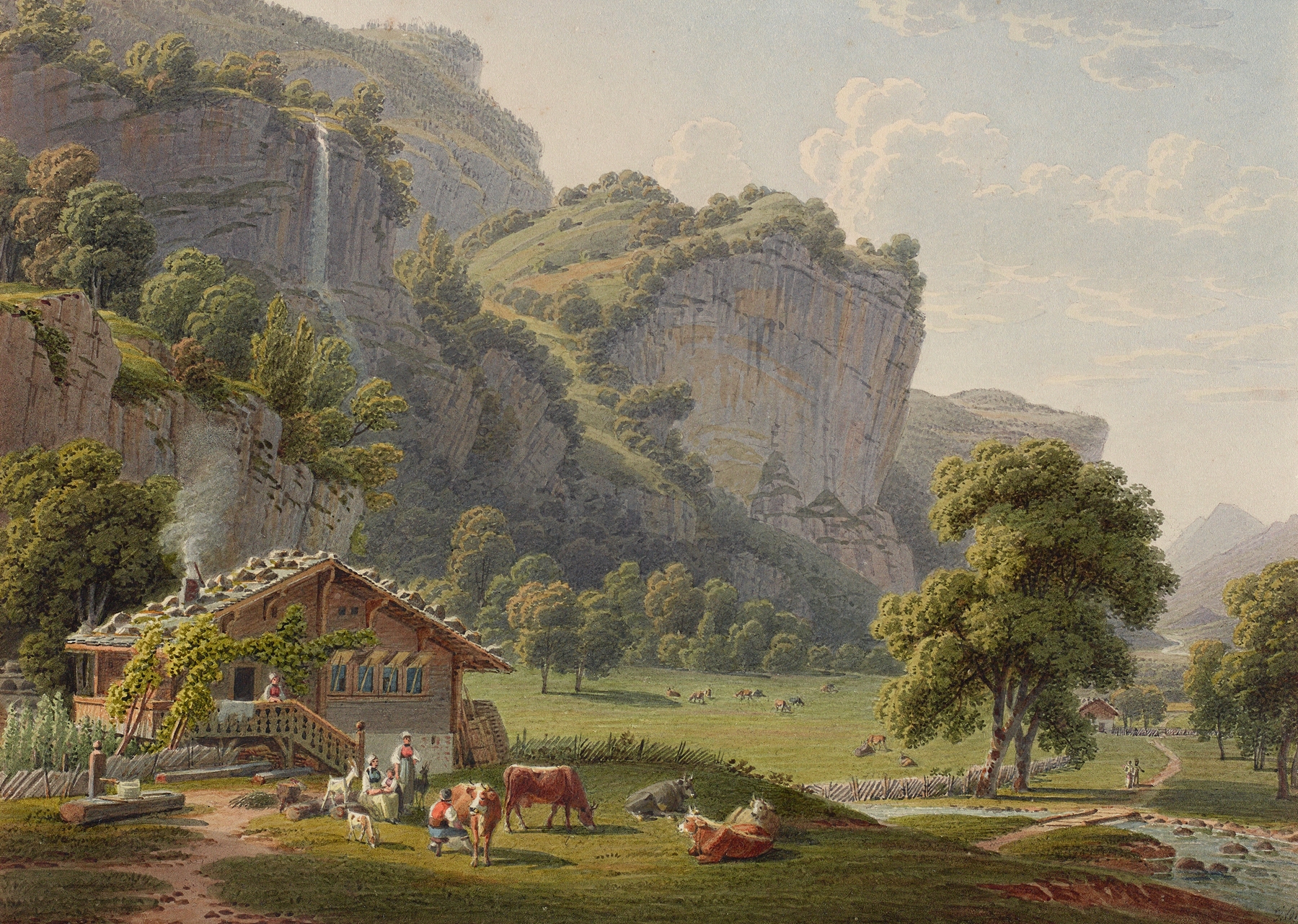 Landscape with a farmhouse and mountains, oil painting by Gabriel Lory the older
