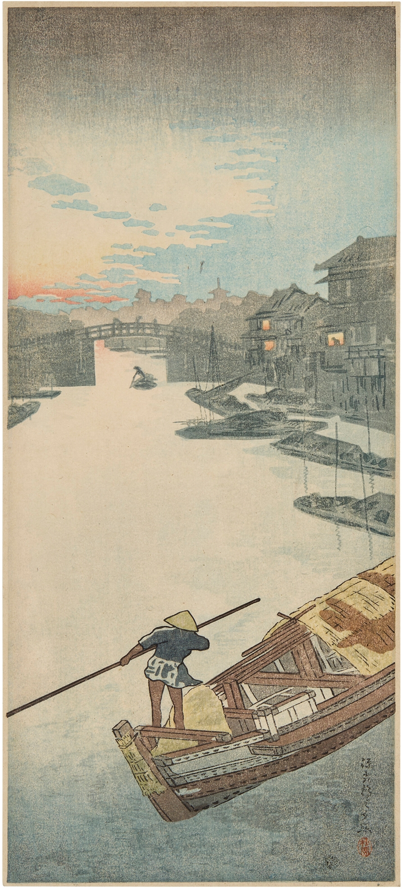 Woodblock print by Takahashi Hiroaki depicting Gengabashi Bridge at twilight