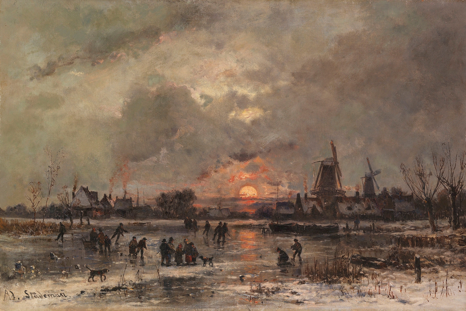 Wintervergnügen am zugefrorenen Fluß by Adolf Stademann, oil painting depicting figures on a frozen river.