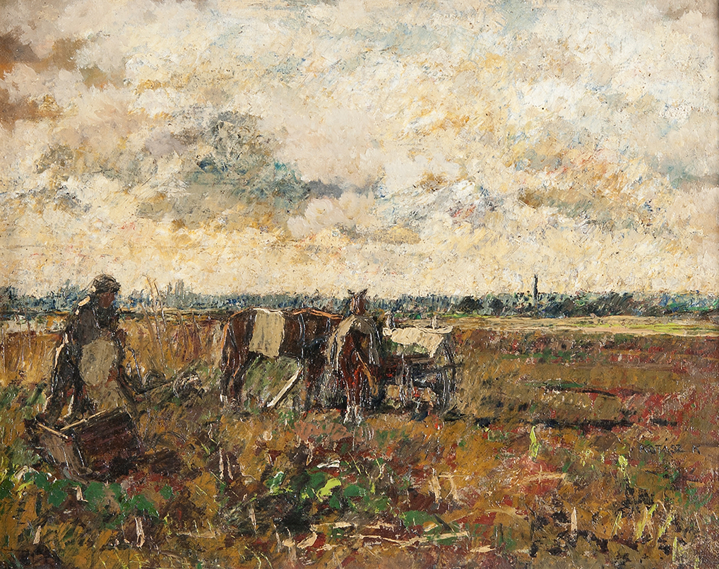Realism landscape by Károly Kotász depicting a farmer in a vast plain.