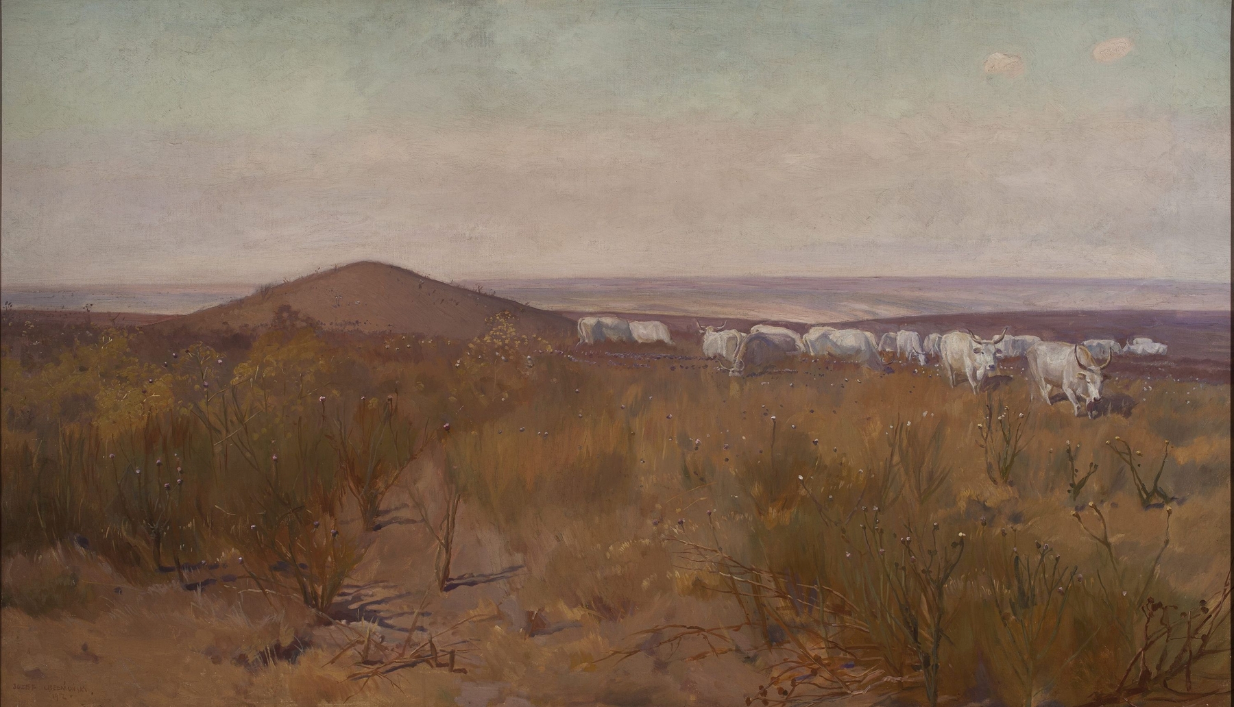 Burial Mound by Jozef Chelmonski, Symbolism, landscape with a burial mound under a sunset.