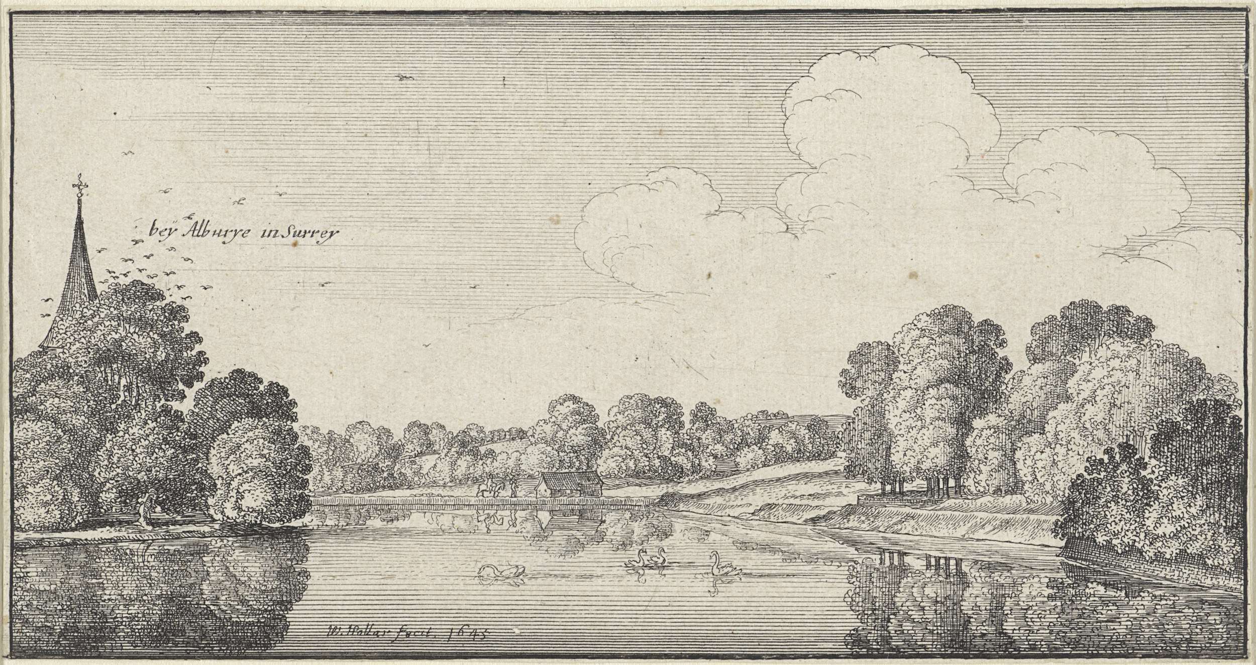 Riviergezicht met zwanen nabij Albury, etching by Wenceslaus Hollar showing swans gliding on a tranquil river