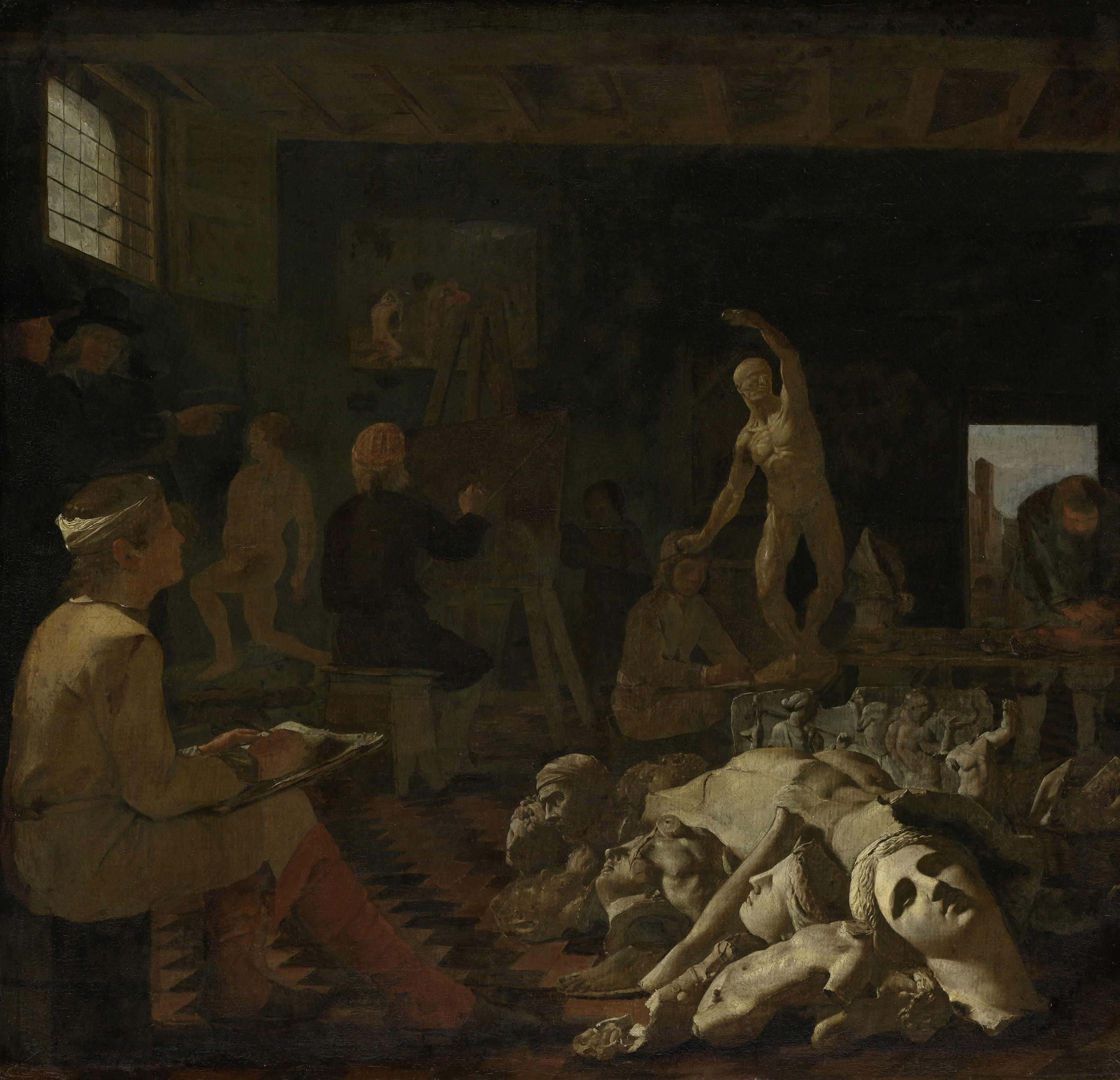 A painter’s studio scene with a young artist studying anatomy, oil on canvas by Michael Sweerts