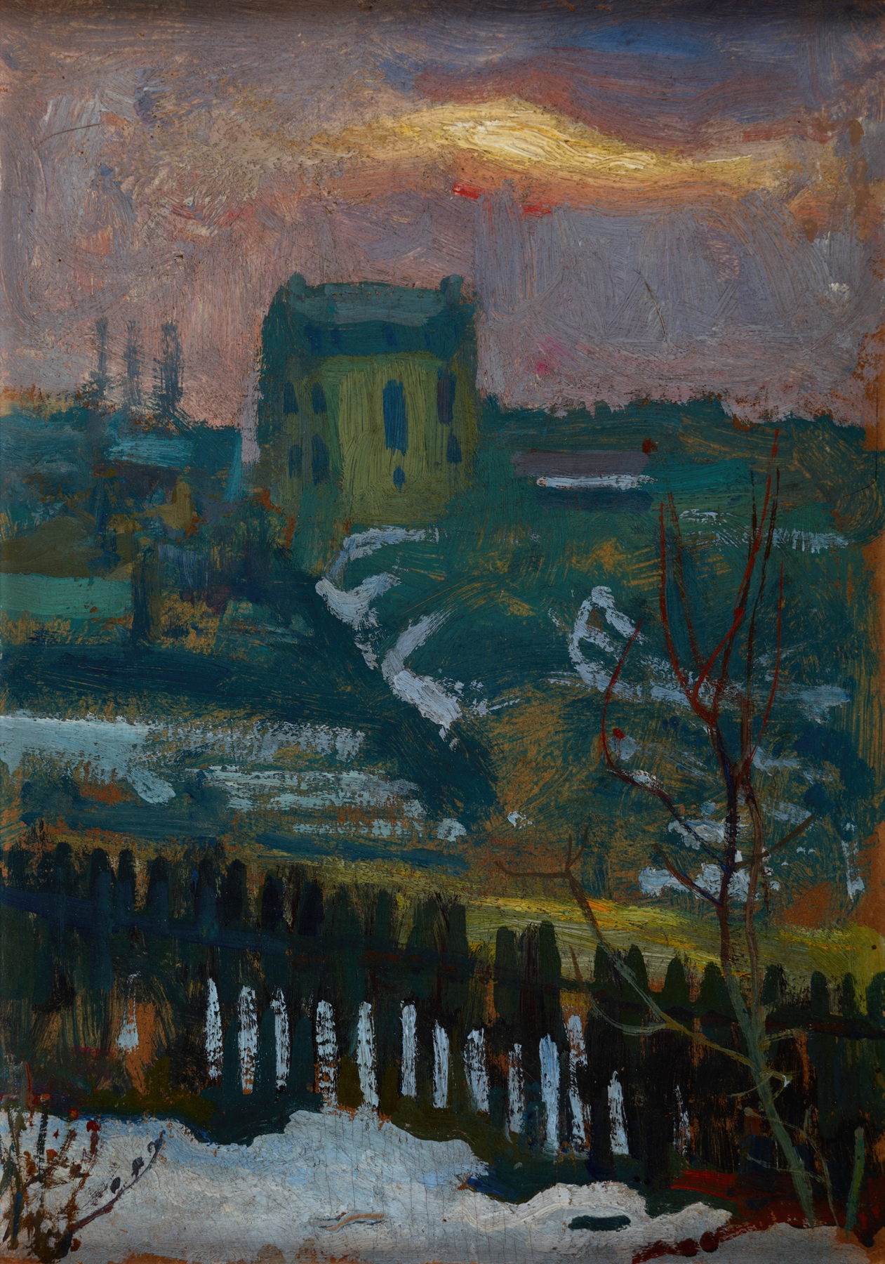 House in Winter by Jan Stanisławski, oil painting of a house surrounded by snow in a winter landscape.