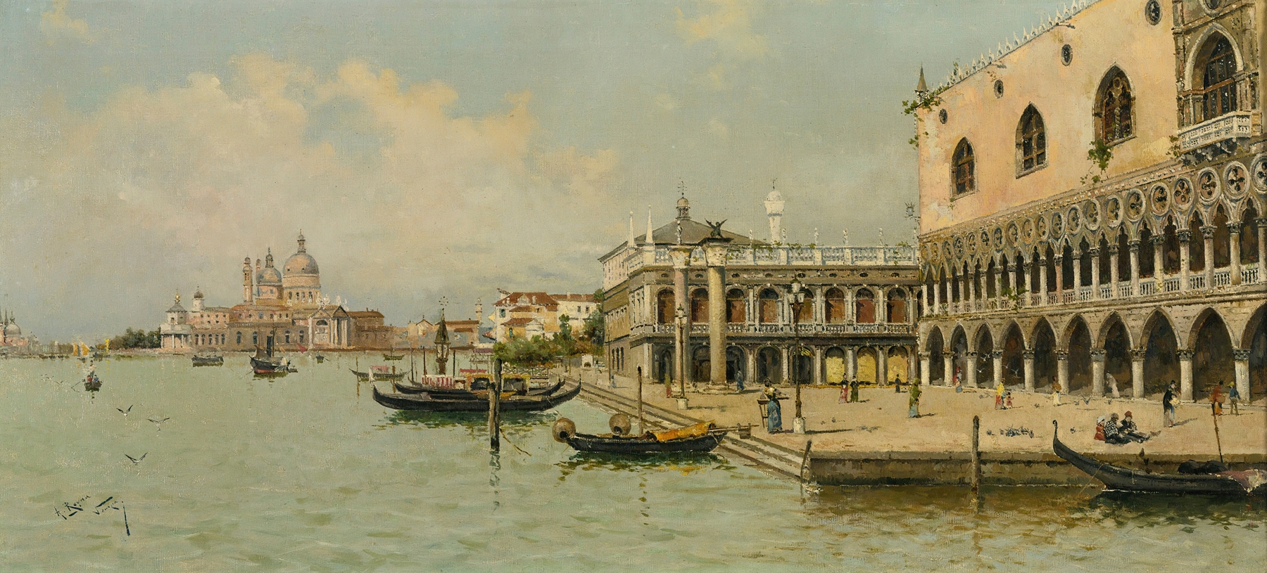 Gondolas By The Doge’s Palace, by Antonio María de Reyna Manescau, public domain