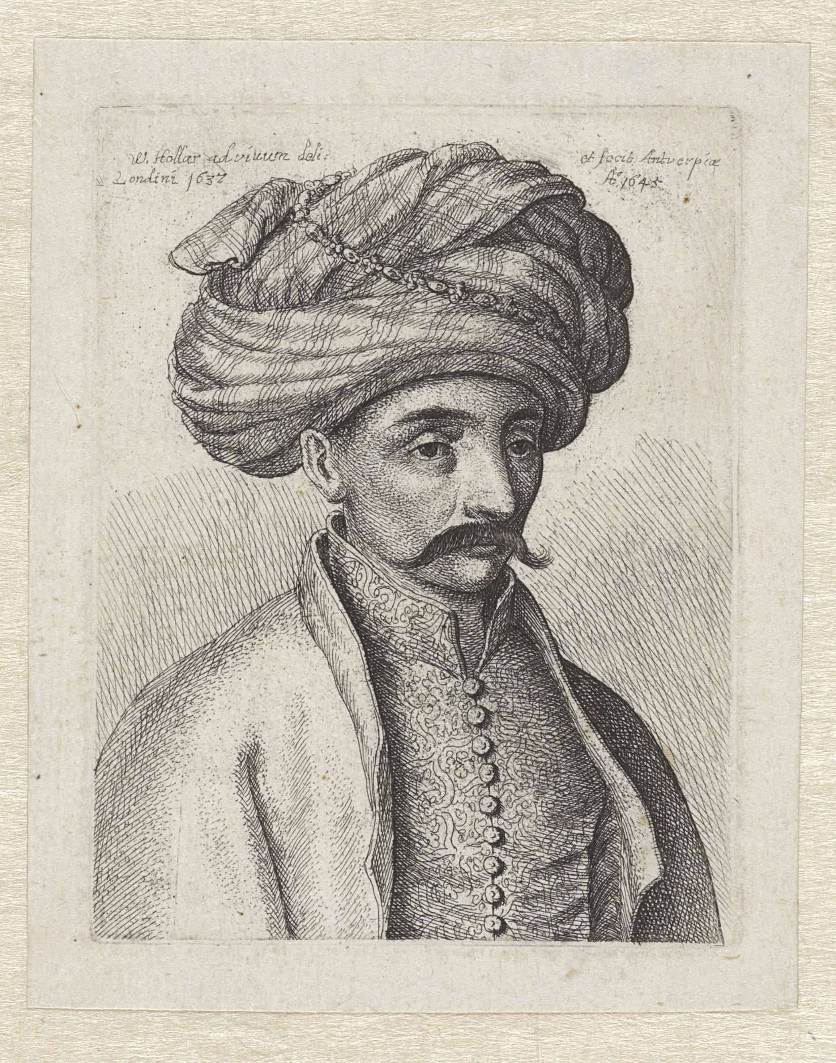 Etching by Wenceslaus Hollar of a Turkish man with a mustache and turban