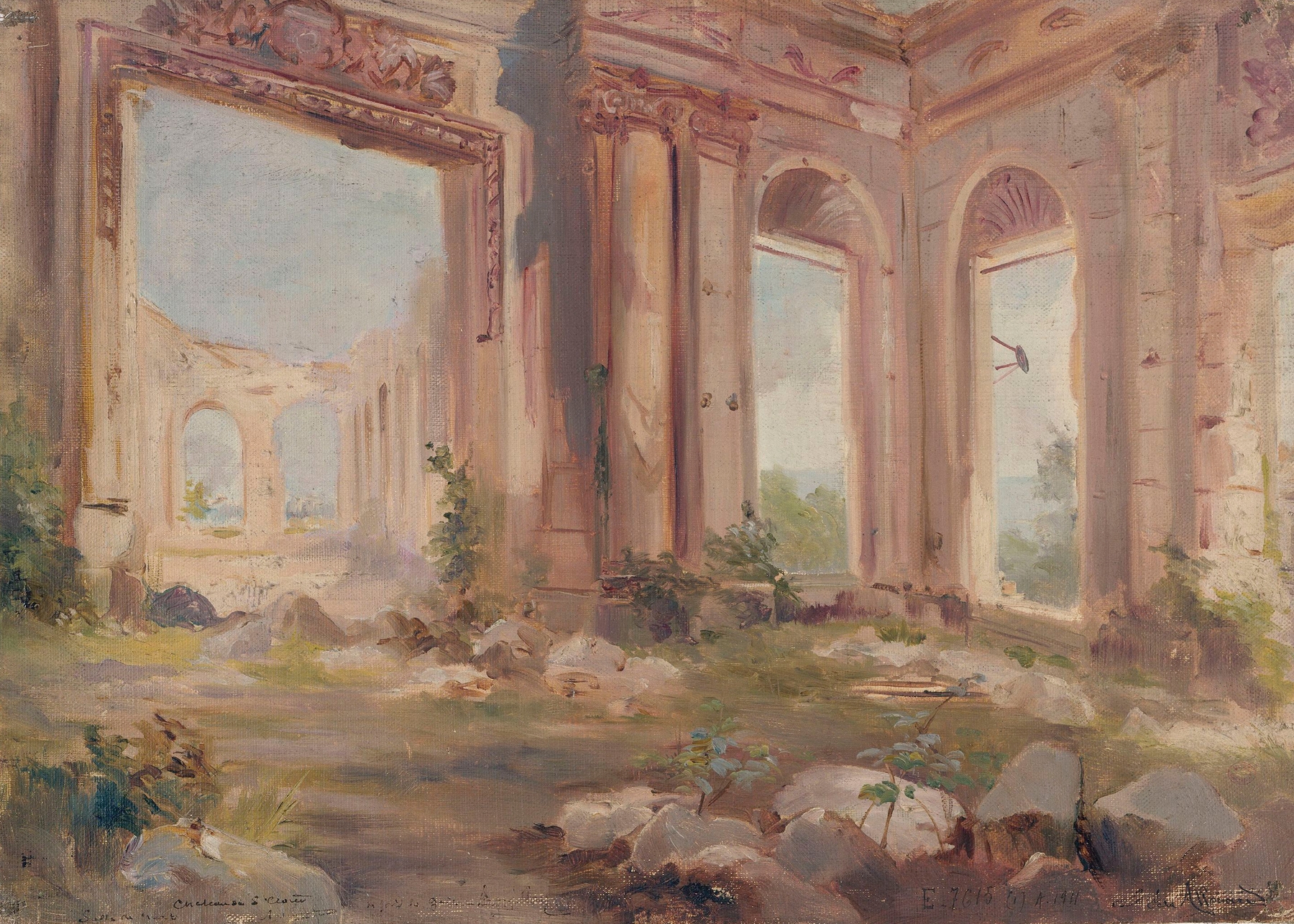 Oil on canvas by Jean Baptiste Edmond Allouard depicting château ruins at dusk.