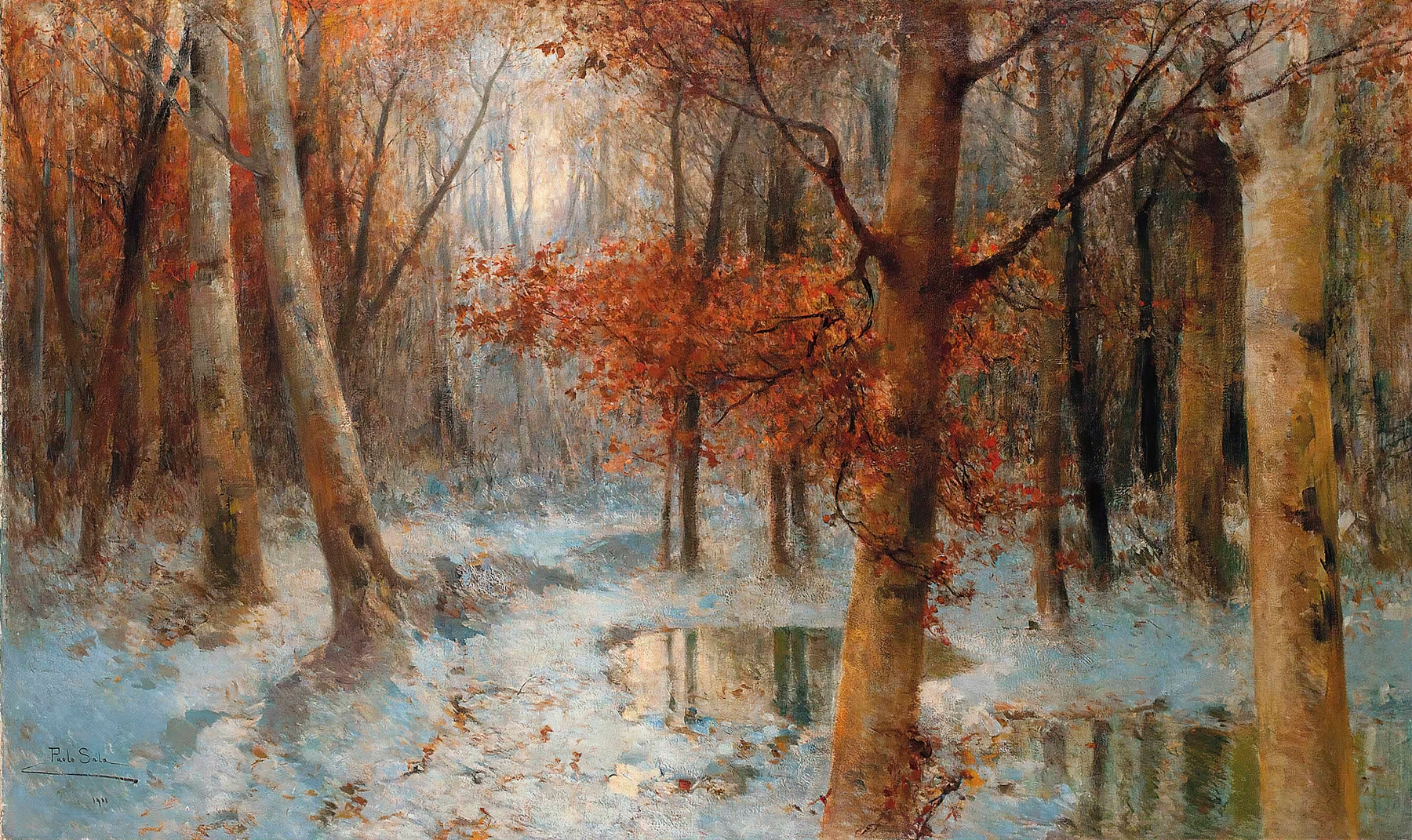 First Snow by Paolo Sala, Impressionism, landscape with snow