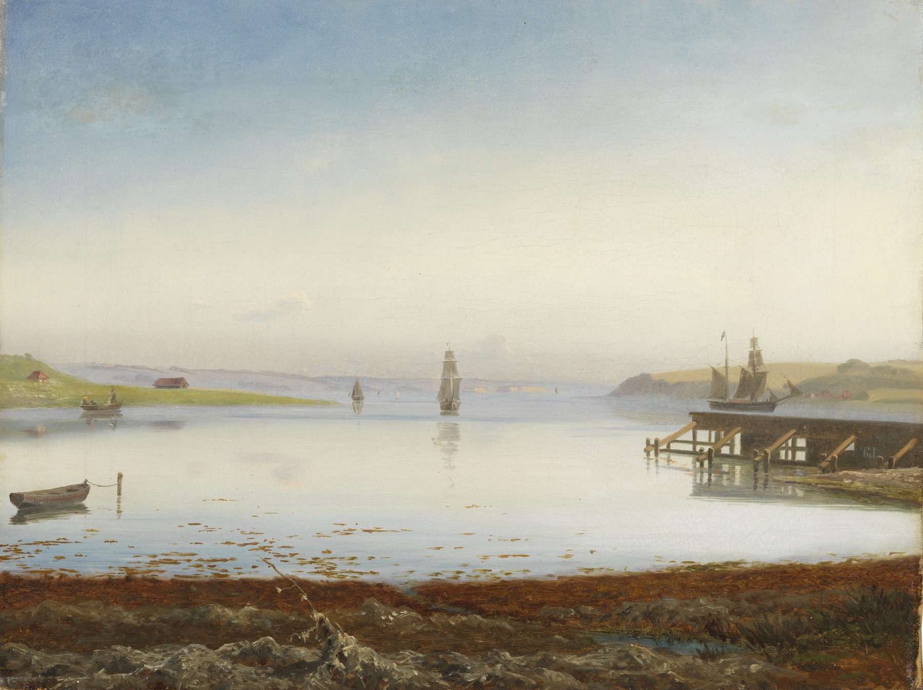 Ships on a fjord, oil painting by Thorald Læssøe